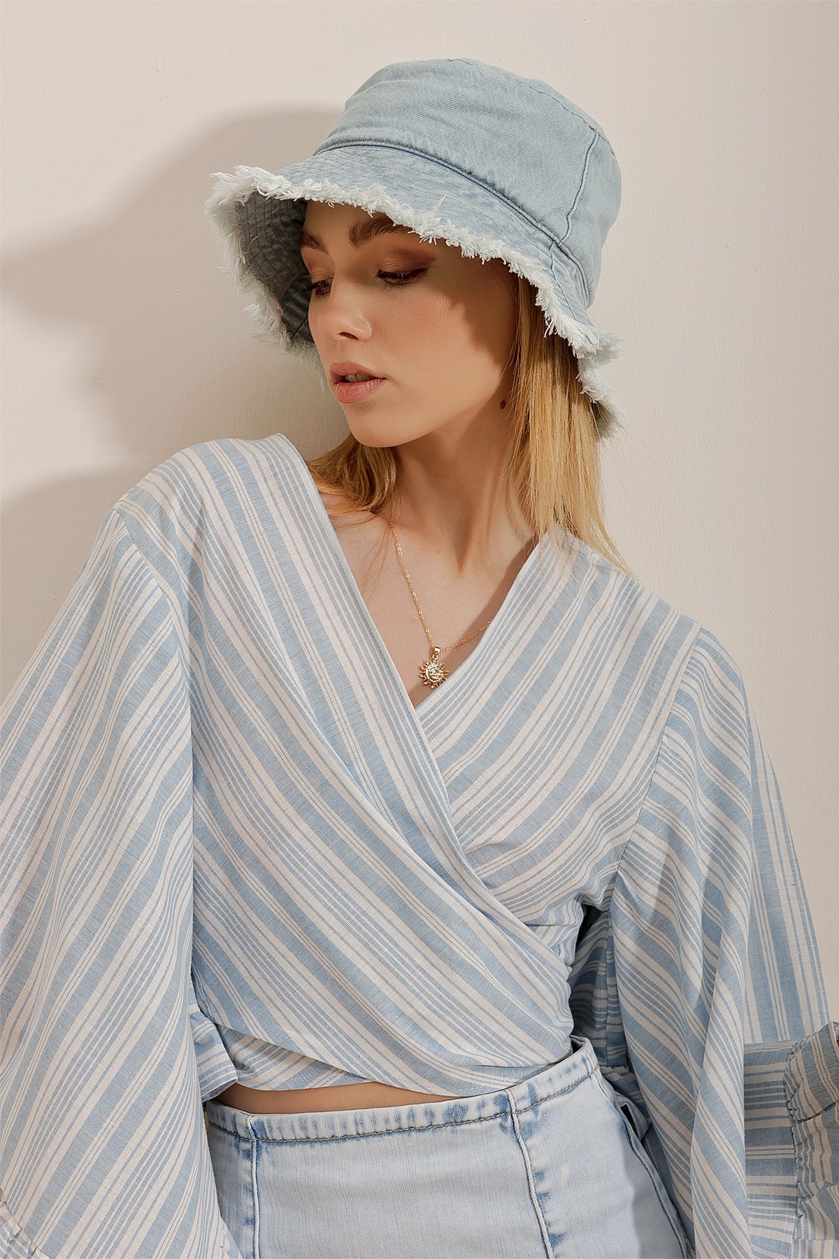 Püsküllü Denim Bucket Şapka - Mavi