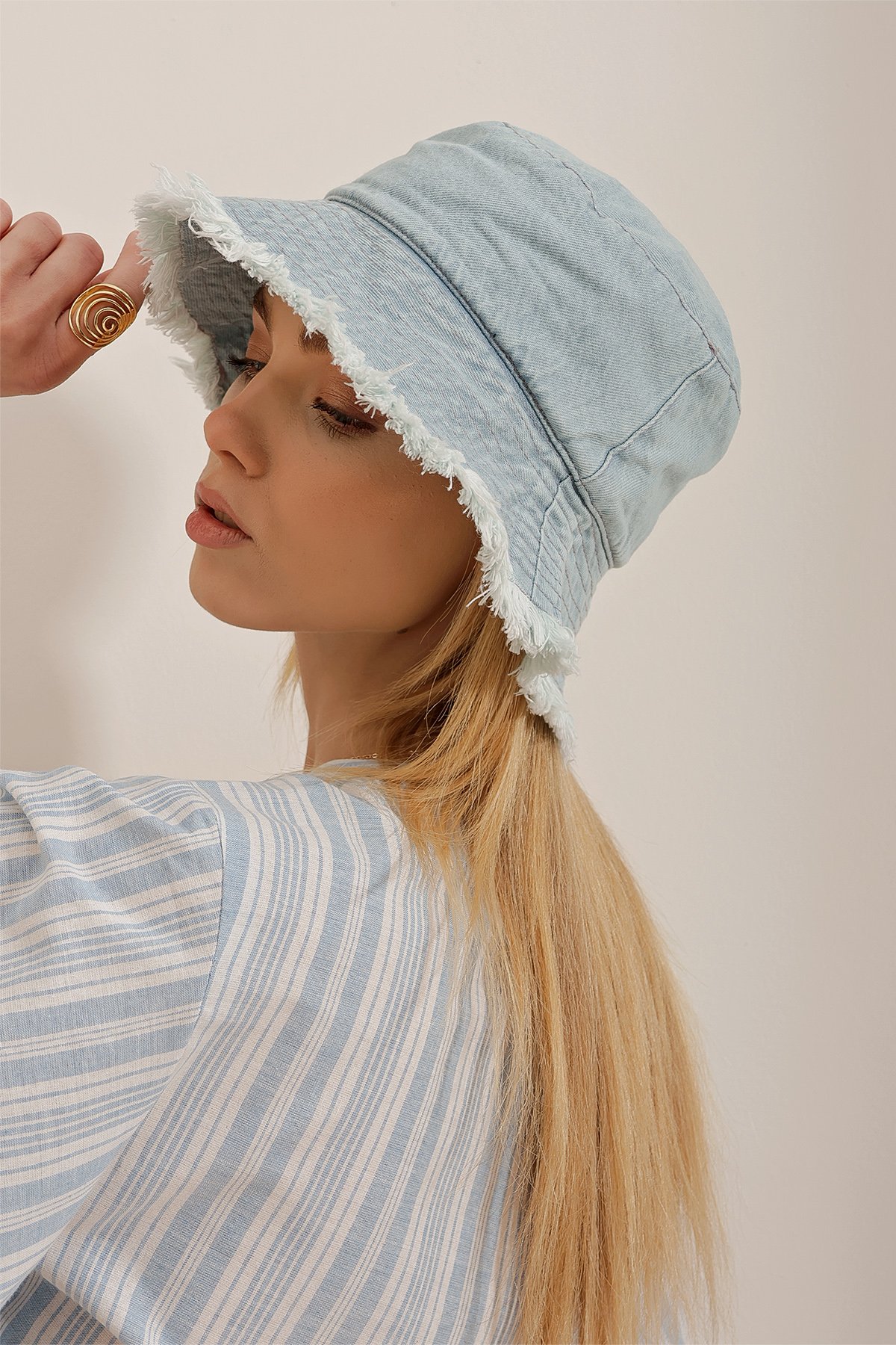 Püsküllü Denim Bucket Şapka - Mavi