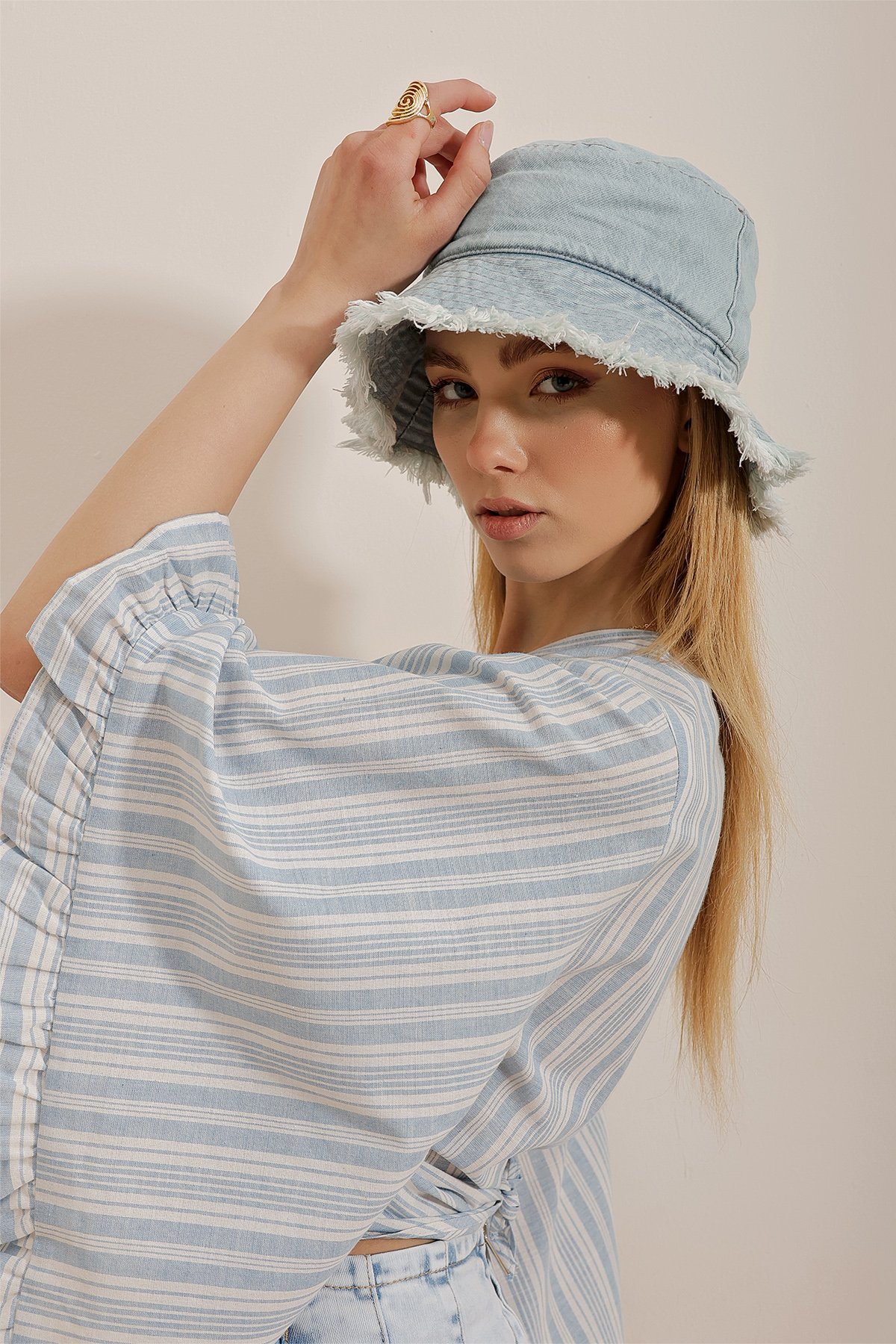 Püsküllü Denim Bucket Şapka - Mavi