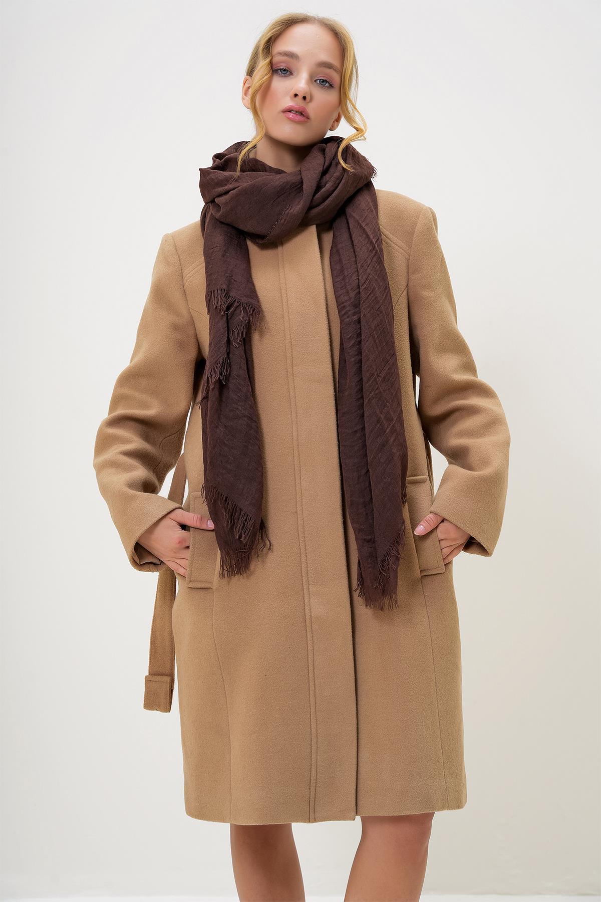 PÜSKÜLLÜ UZUN DOKUMA ŞAL - Kahverengi