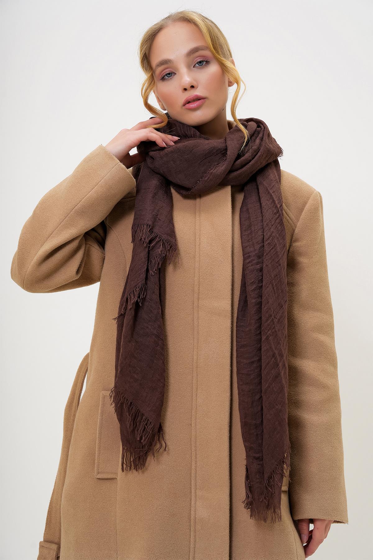 PÜSKÜLLÜ UZUN DOKUMA ŞAL - Kahverengi