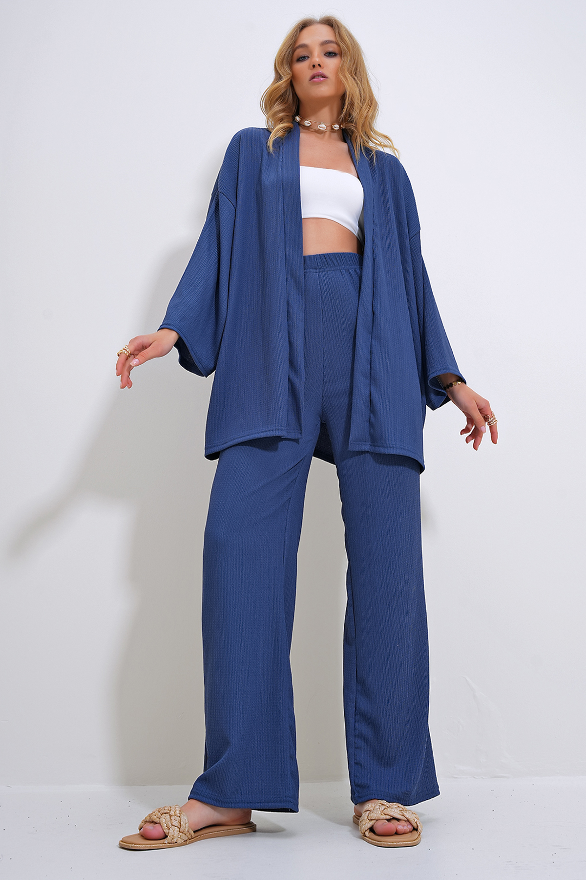 Rahat Kesim Bürümcük Kumaş Kimono Ve Pantolon İkili Takım - İndigo