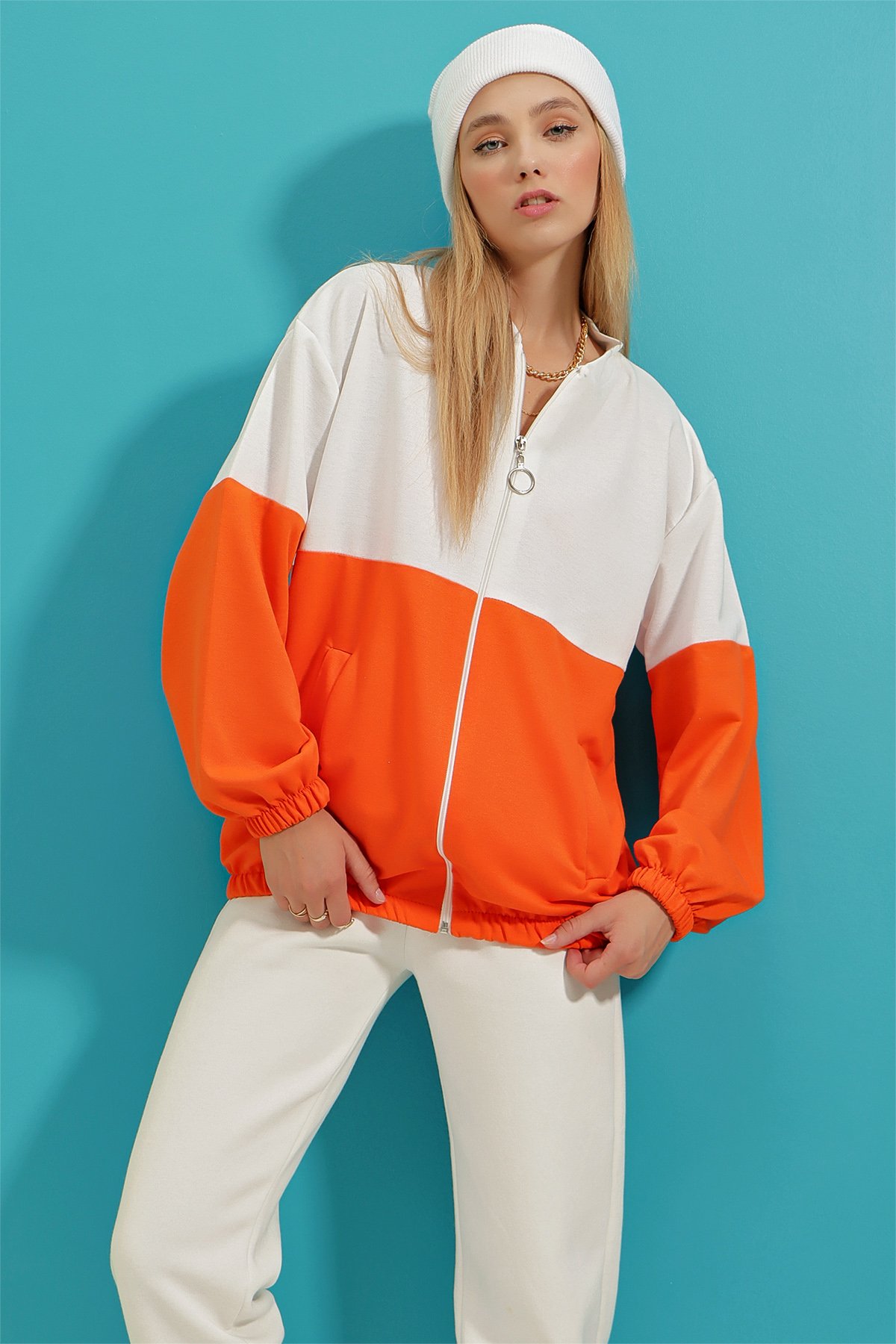 Renk Bloklu Çift Cepli Elastik Bel Fermuarlı Sweatshirt - Turuncu
