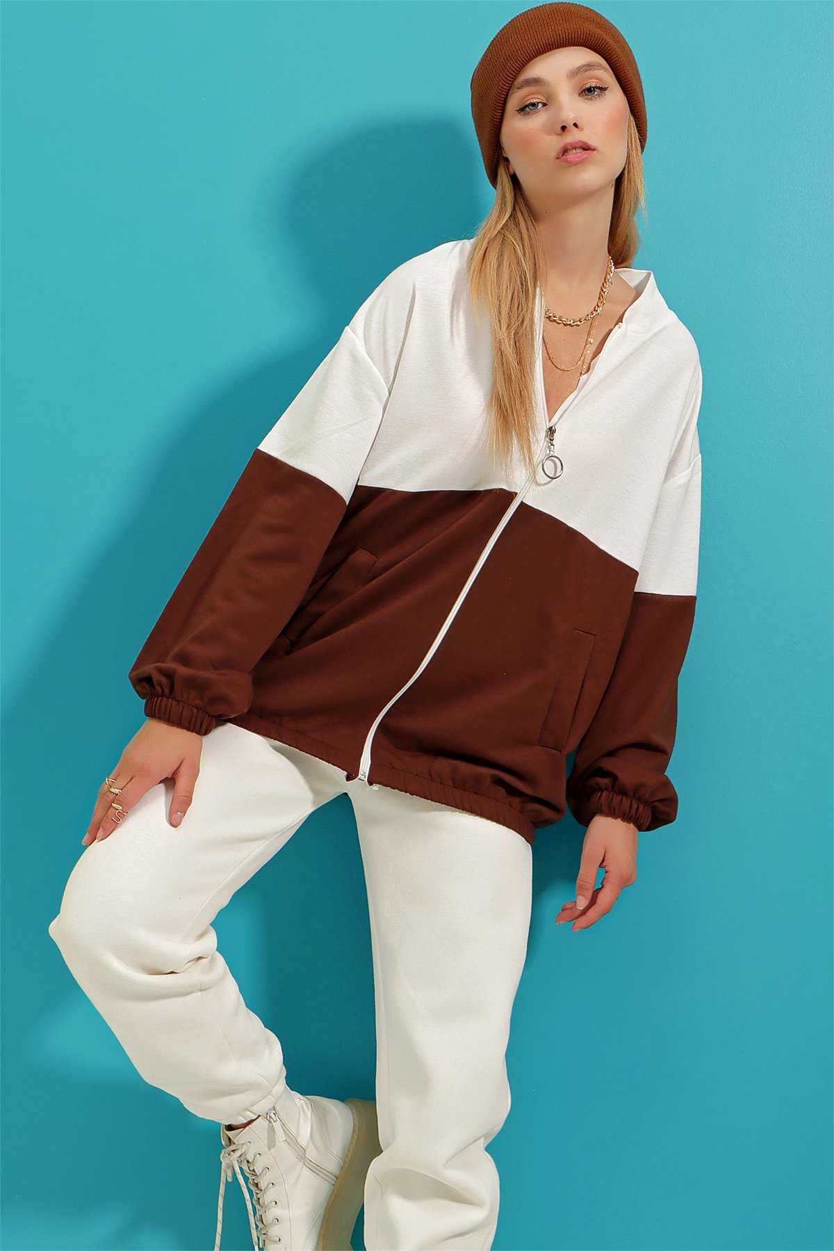 Renk Bloklu Çift Cepli Elastik Bel Fermuarlı Sweatshirt - Kahverengi