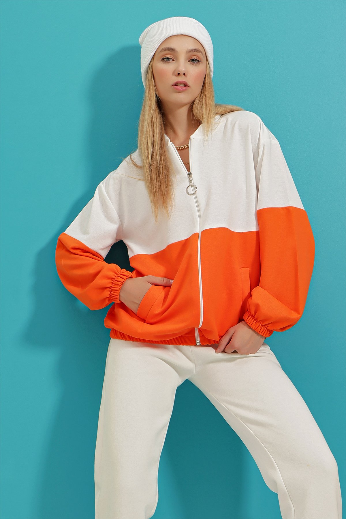 Renk Bloklu Çift Cepli Elastik Bel Fermuarlı Sweatshirt - Turuncu