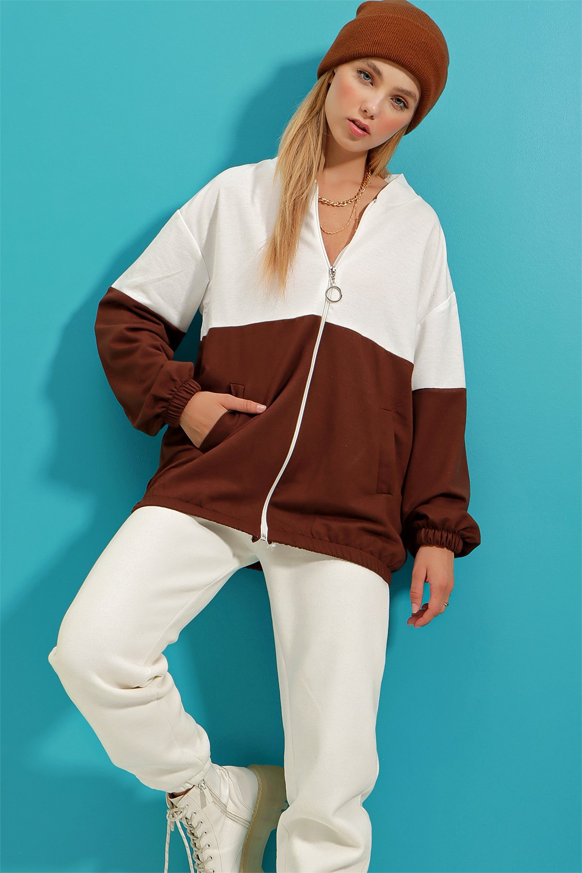 Renk Bloklu Çift Cepli Elastik Bel Fermuarlı Sweatshirt - Kahverengi