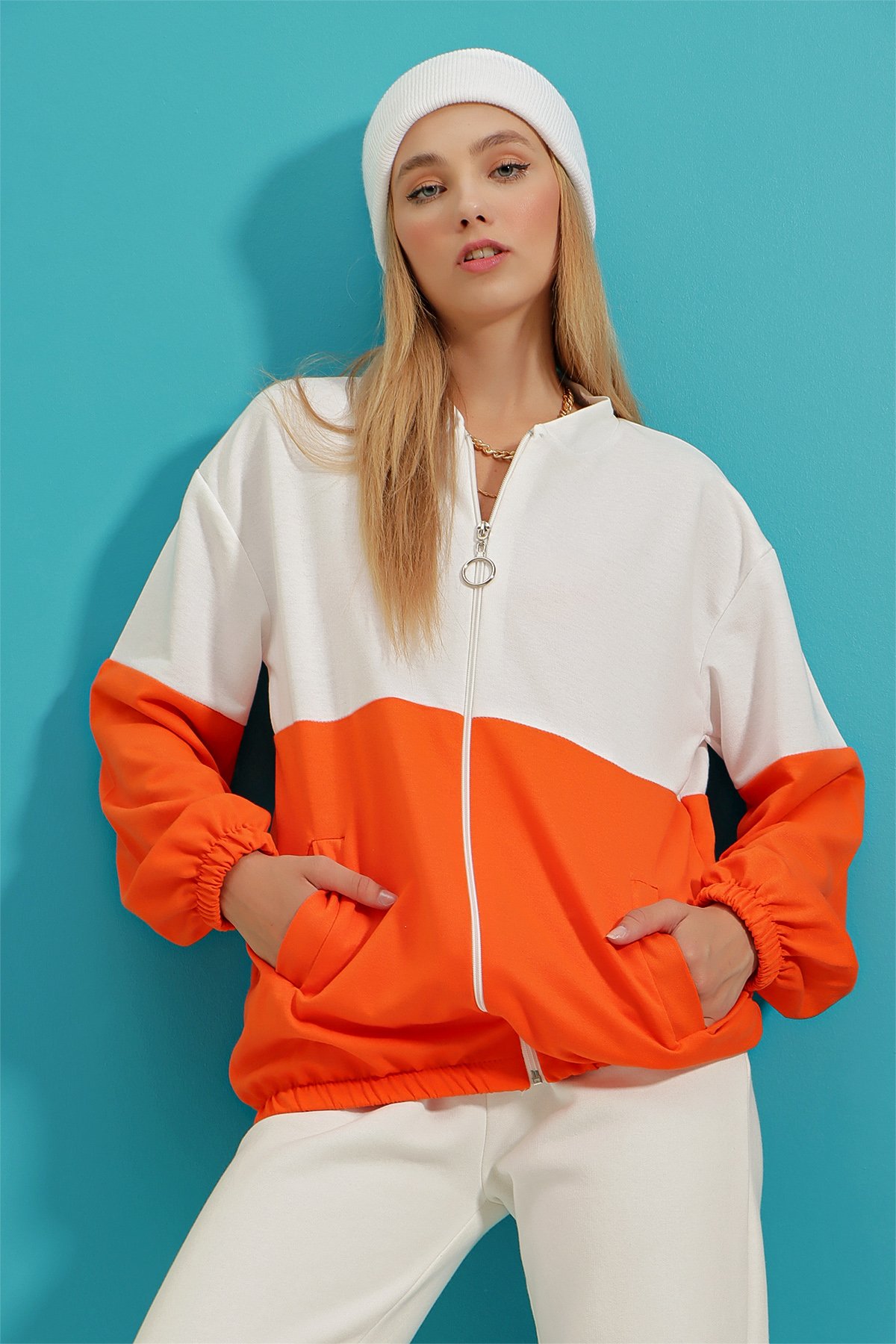 Renk Bloklu Çift Cepli Elastik Bel Fermuarlı Sweatshirt - Turuncu