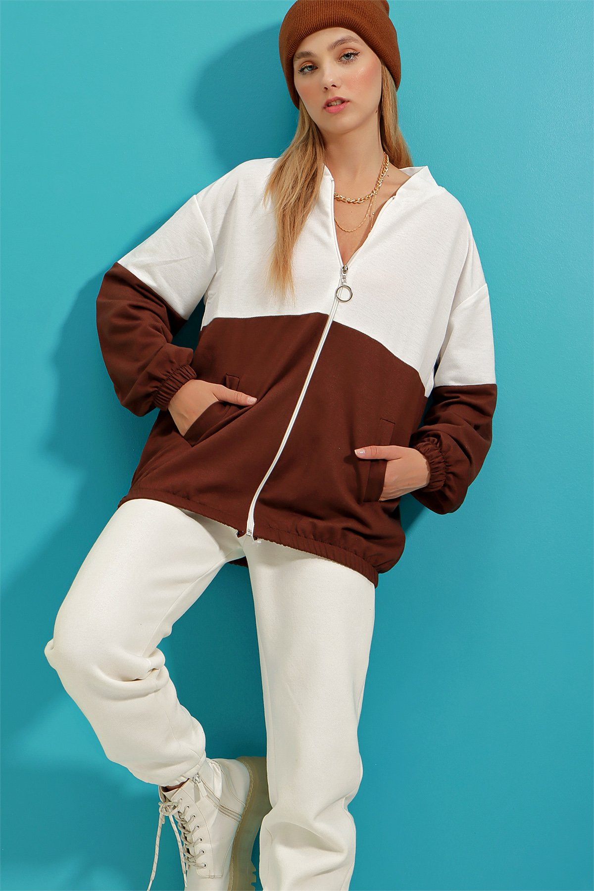 Renk Bloklu Çift Cepli Elastik Bel Fermuarlı Sweatshirt - Kahverengi