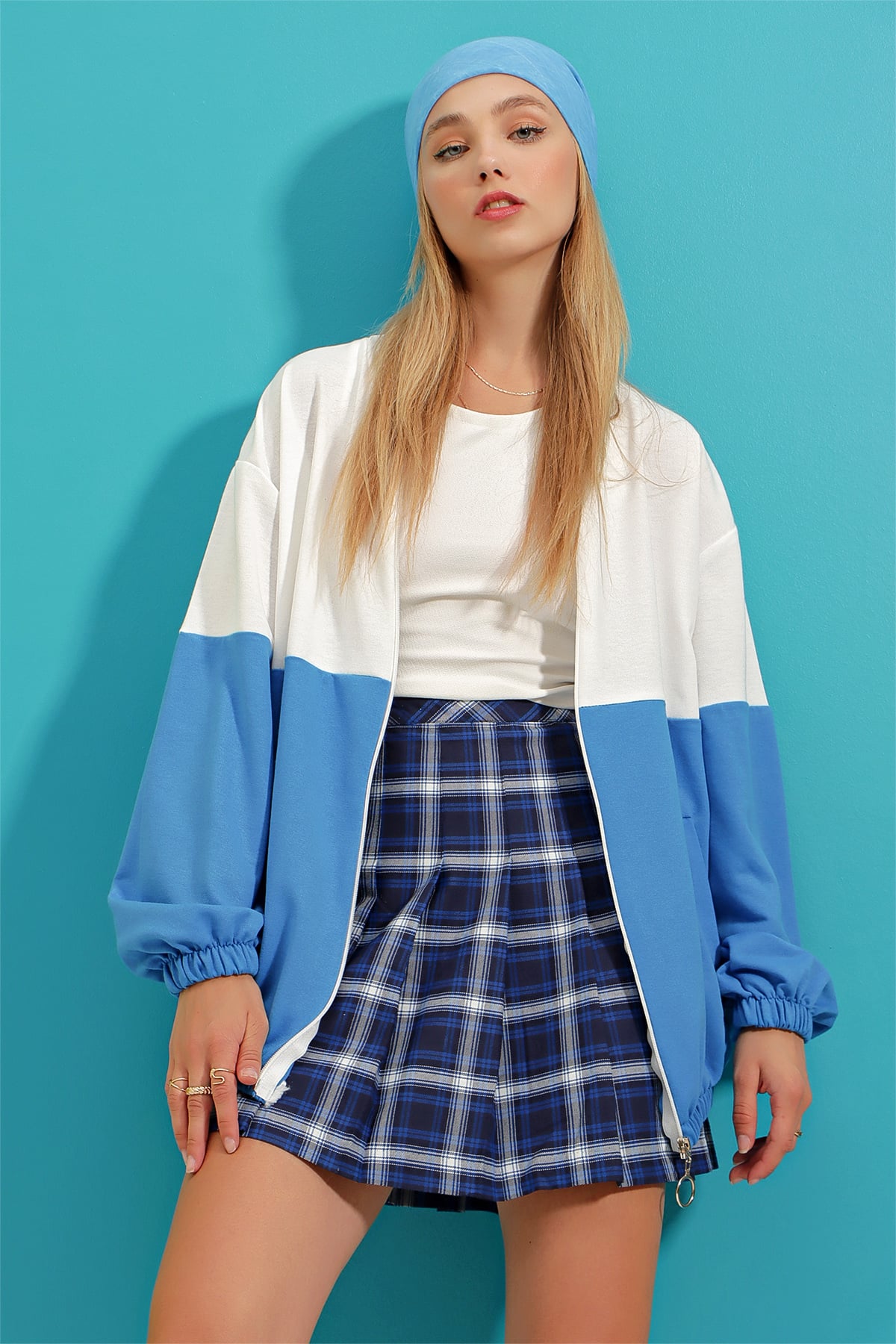 Renk Bloklu Çift Cepli Elastik Bel Fermuarlı Sweatshirt - Mavi