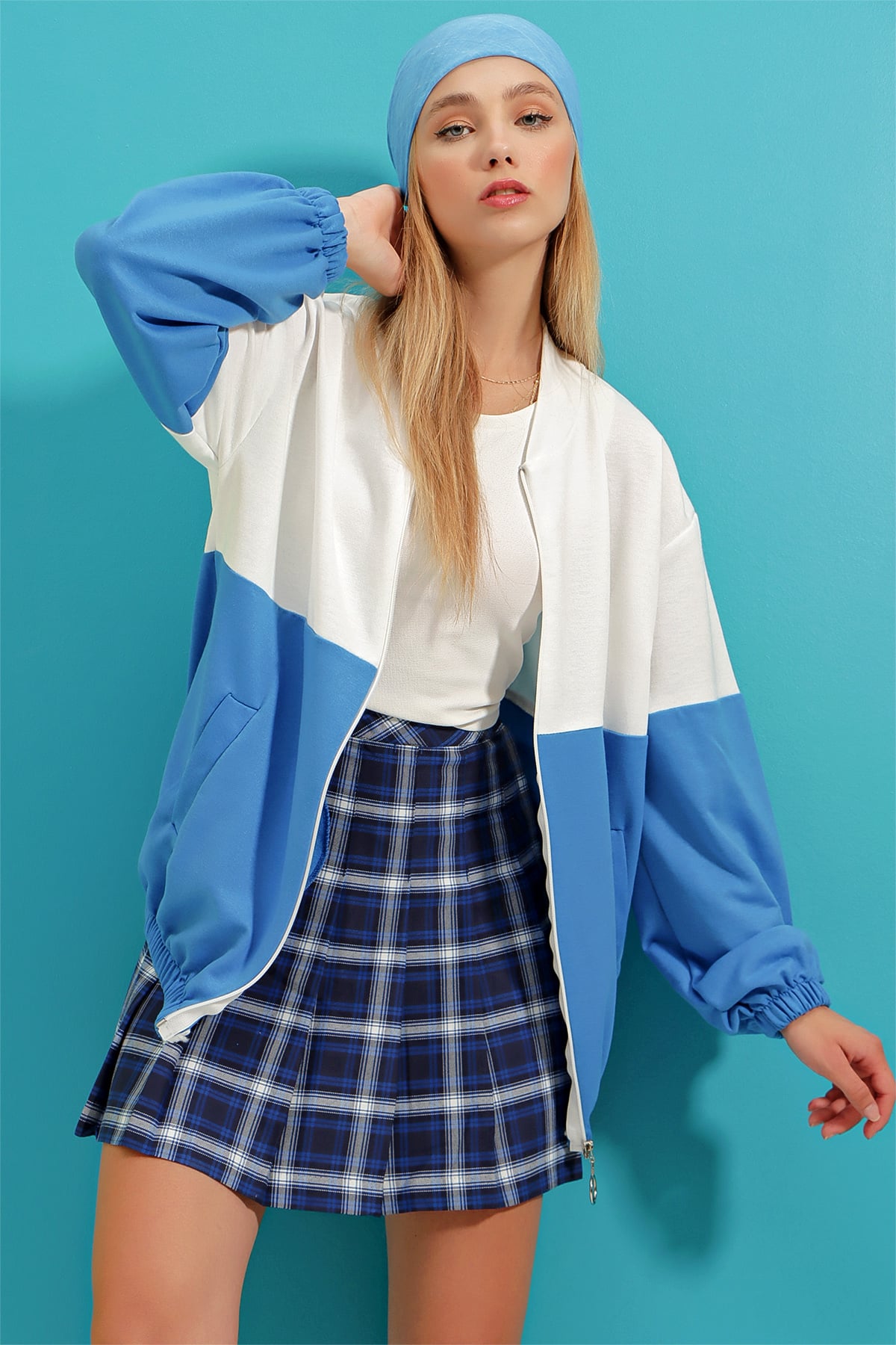 Renk Bloklu Çift Cepli Elastik Bel Fermuarlı Sweatshirt - Mavi