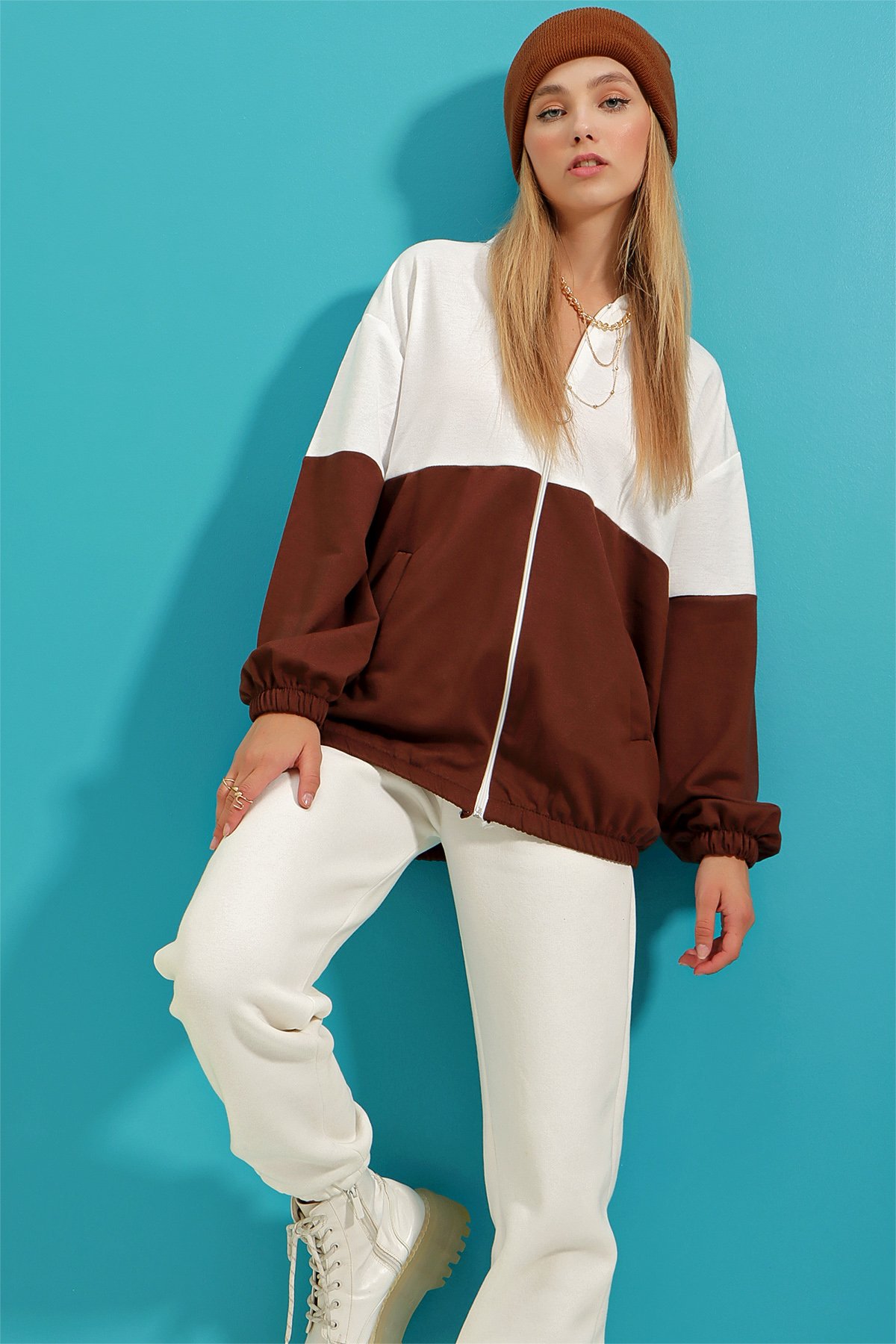 Renk Bloklu Çift Cepli Elastik Bel Fermuarlı Sweatshirt - Kahverengi