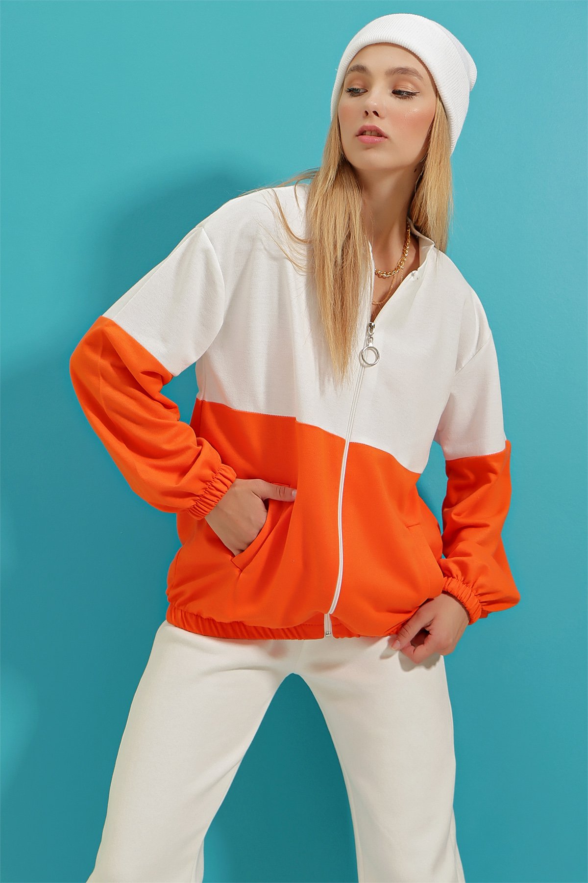 Renk Bloklu Çift Cepli Elastik Bel Fermuarlı Sweatshirt - Turuncu