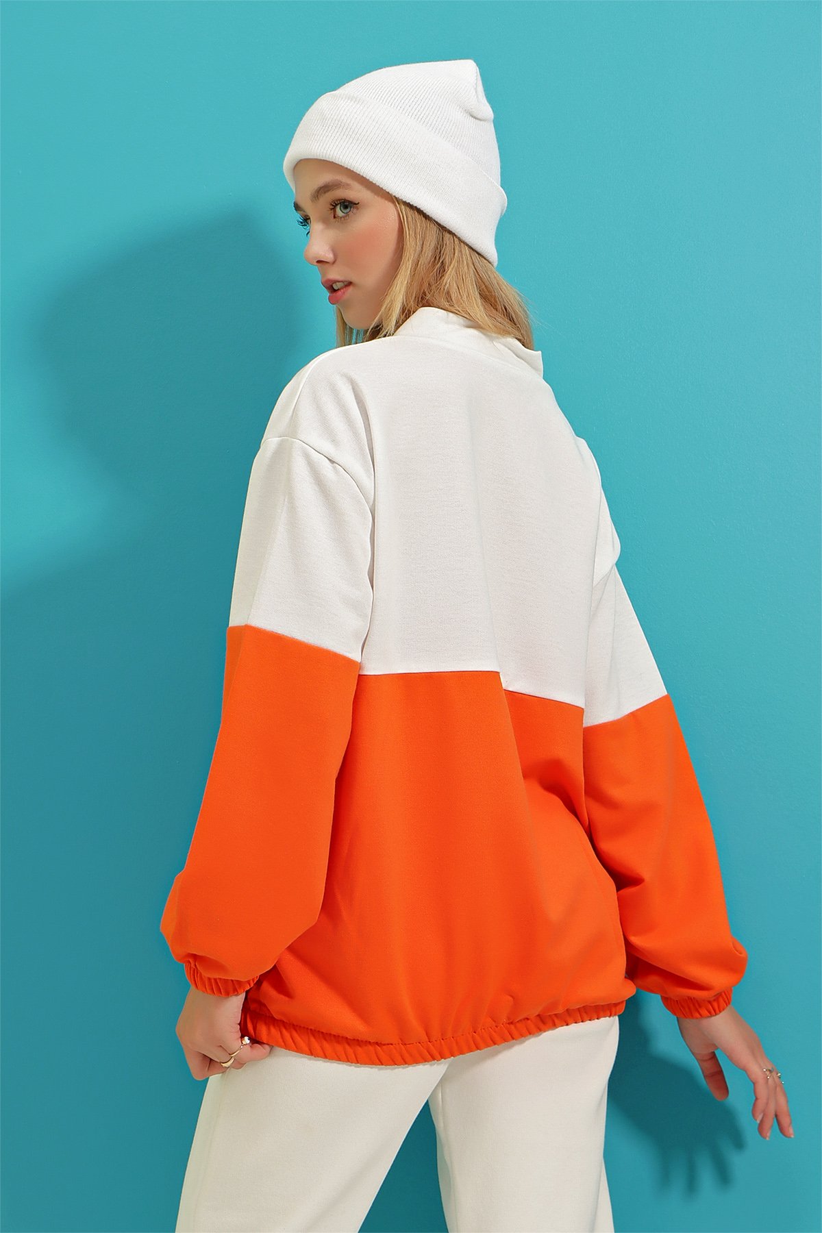 Renk Bloklu Çift Cepli Elastik Bel Fermuarlı Sweatshirt - Turuncu