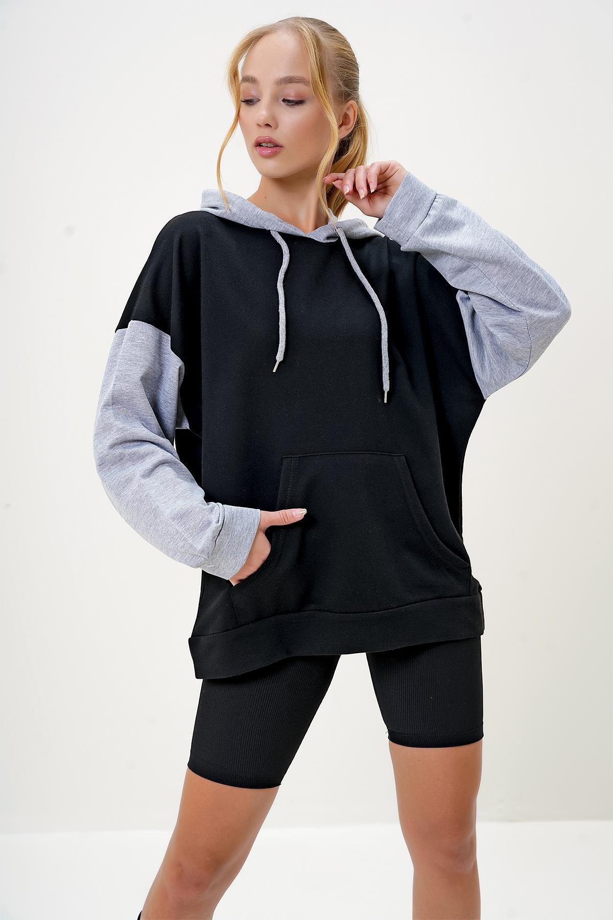 Renk Bloklu Oversıze Kapüşonlu Sweatshirt - Siyah