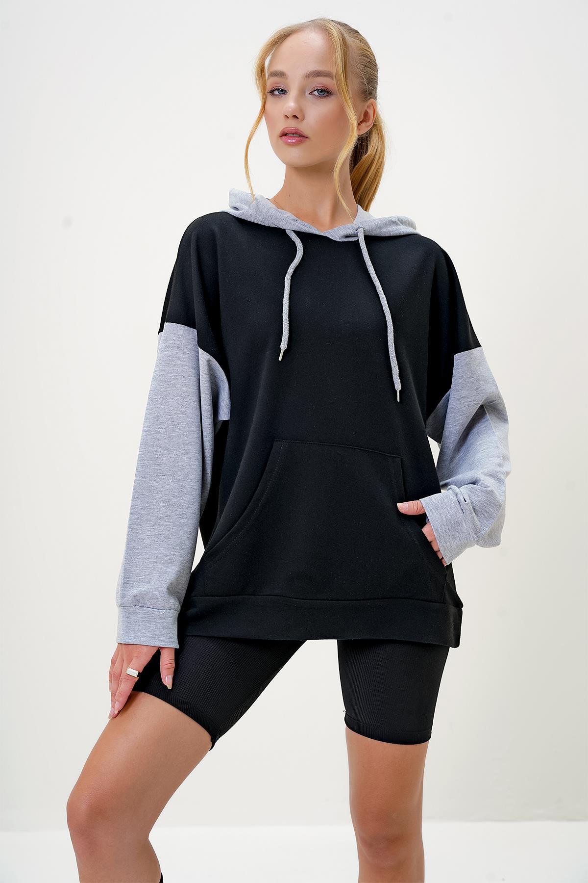 Renk Bloklu Oversıze Kapüşonlu Sweatshirt - Siyah