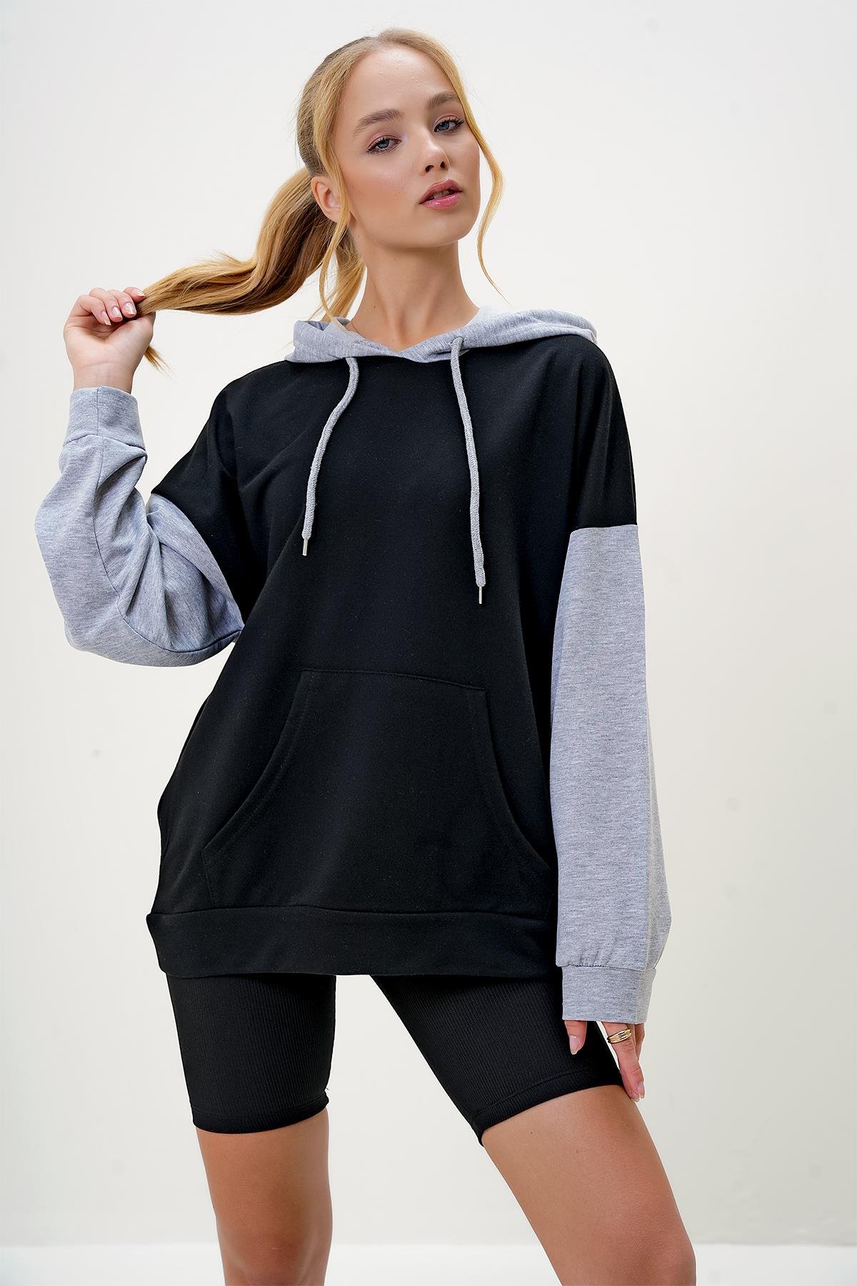 Renk Bloklu Oversıze Kapüşonlu Sweatshirt - Siyah