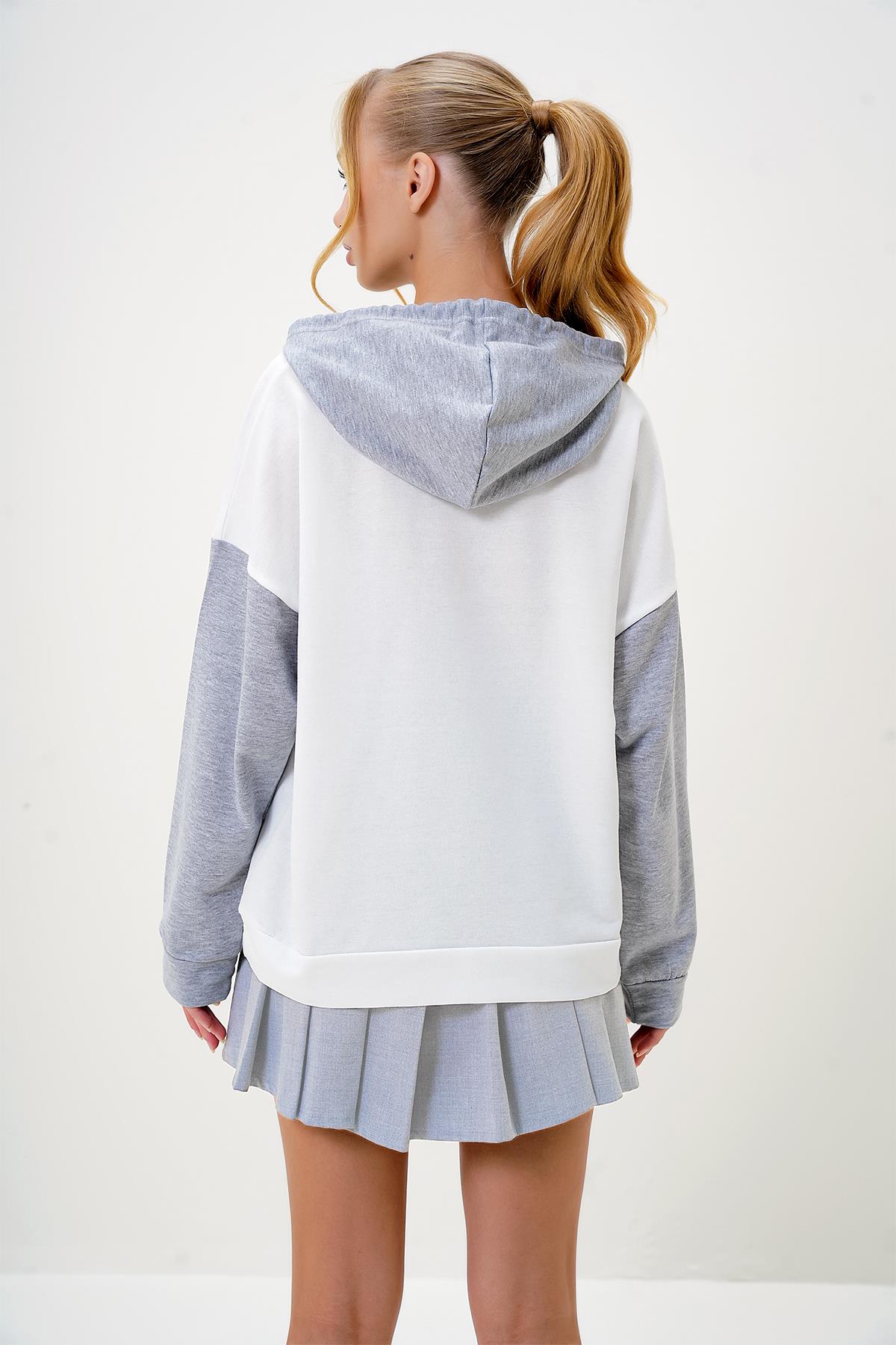 Renk Bloklu Oversıze Kapüşonlu Sweatshirt - Ekru