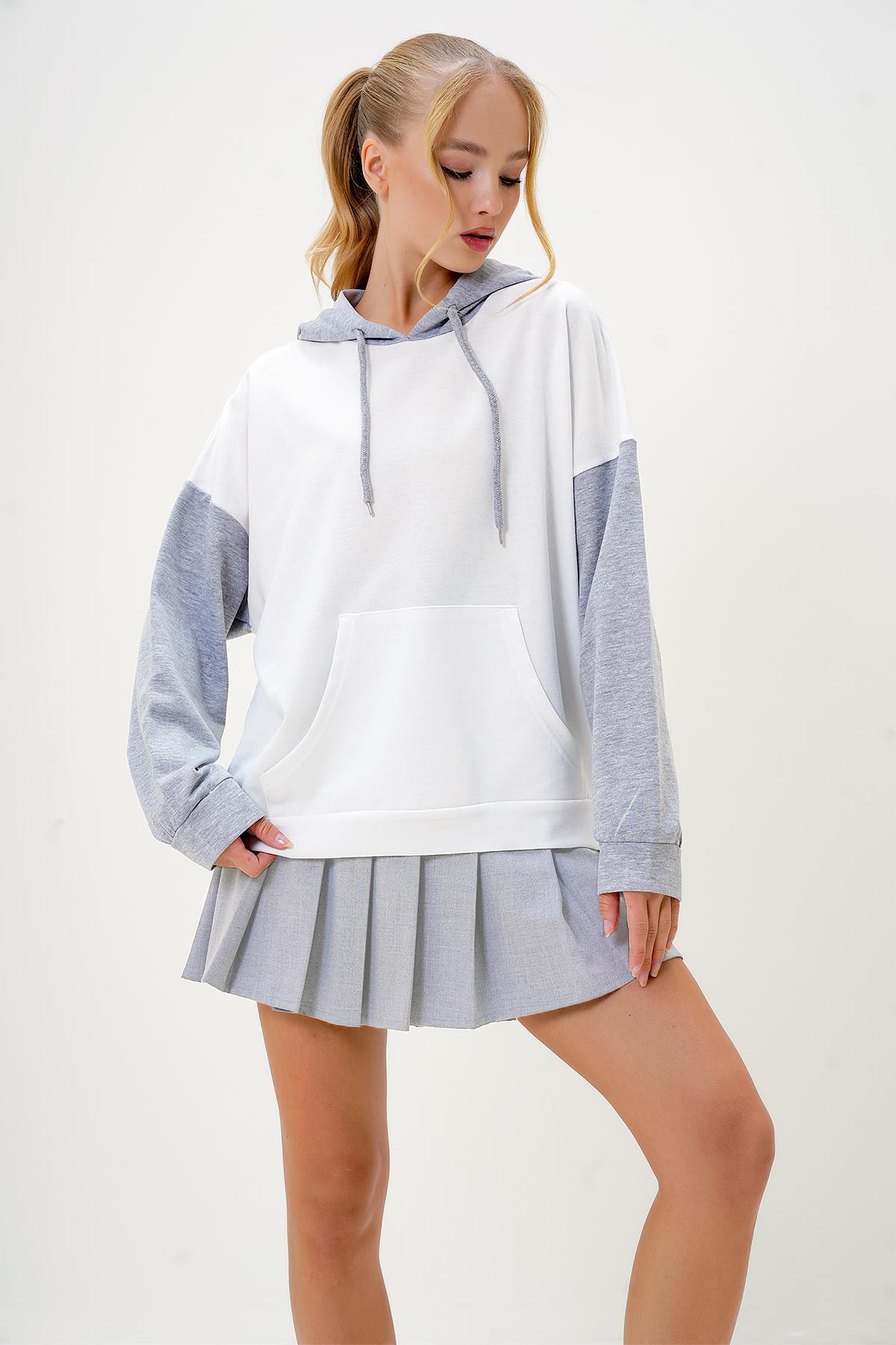 Renk Bloklu Oversıze Kapüşonlu Sweatshirt - Ekru