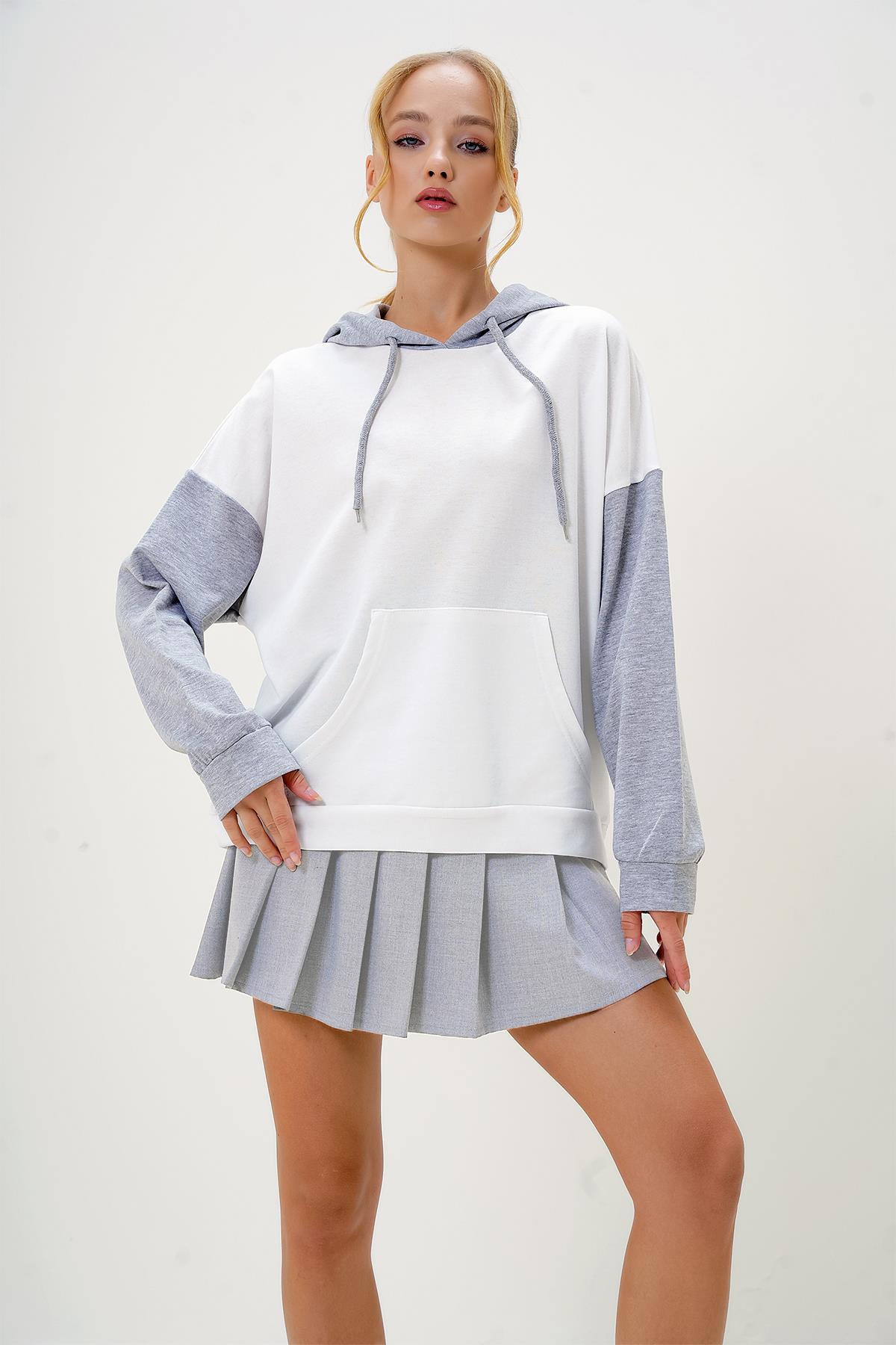 Renk Bloklu Oversıze Kapüşonlu Sweatshirt - Ekru