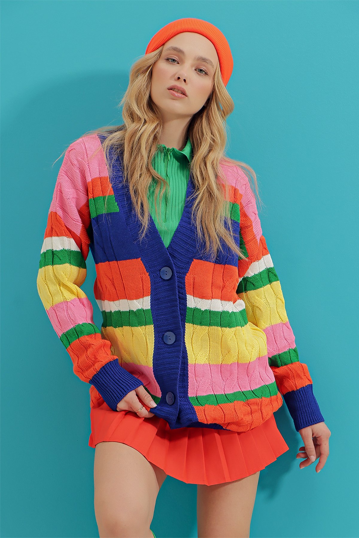 Renk Bloklu Saç Örgüsü Desenli Oversize Triko Hırka - Saks