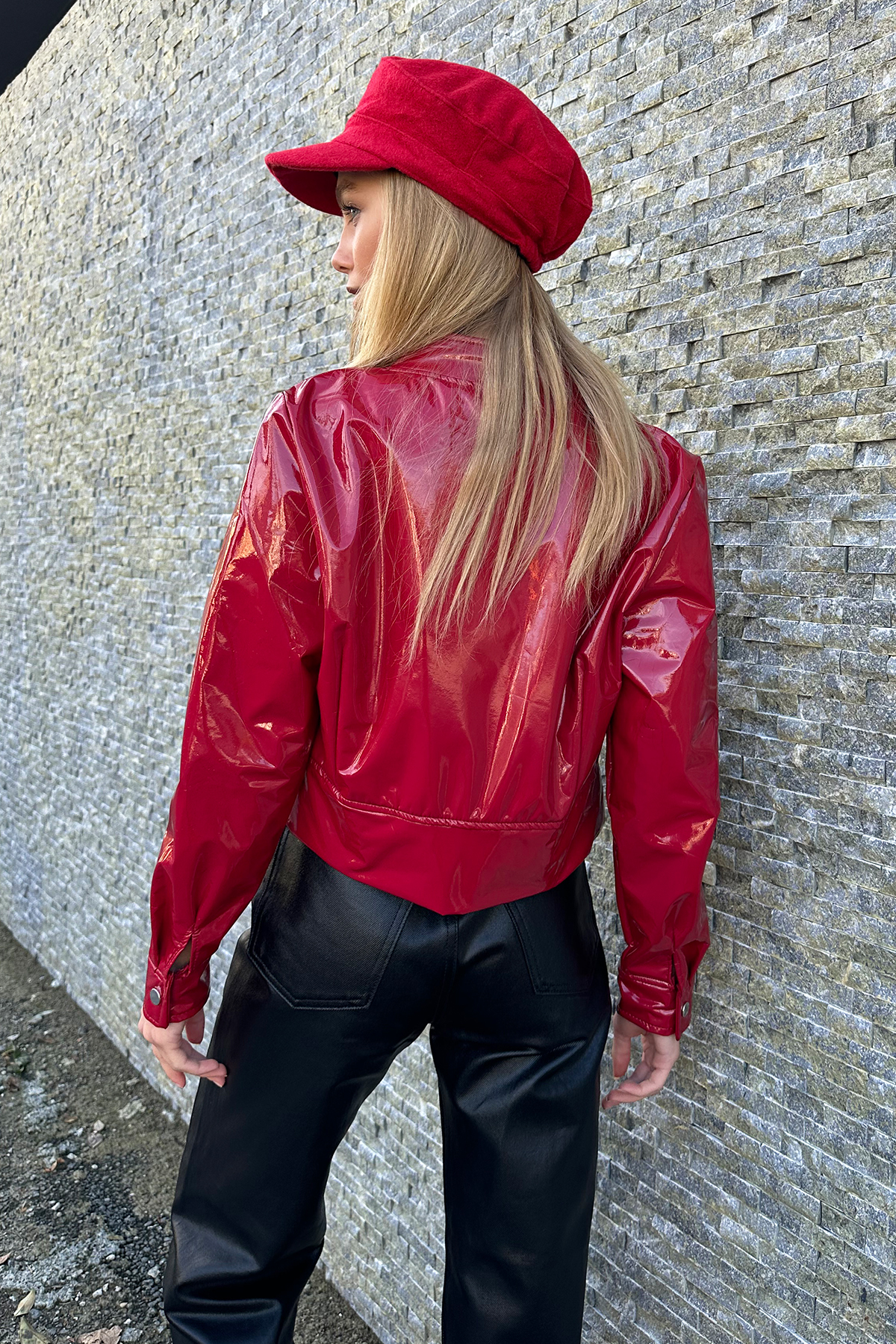 Rugan İçi Nubuk Suni Deri Crop Biker Mont - Kırmızı
