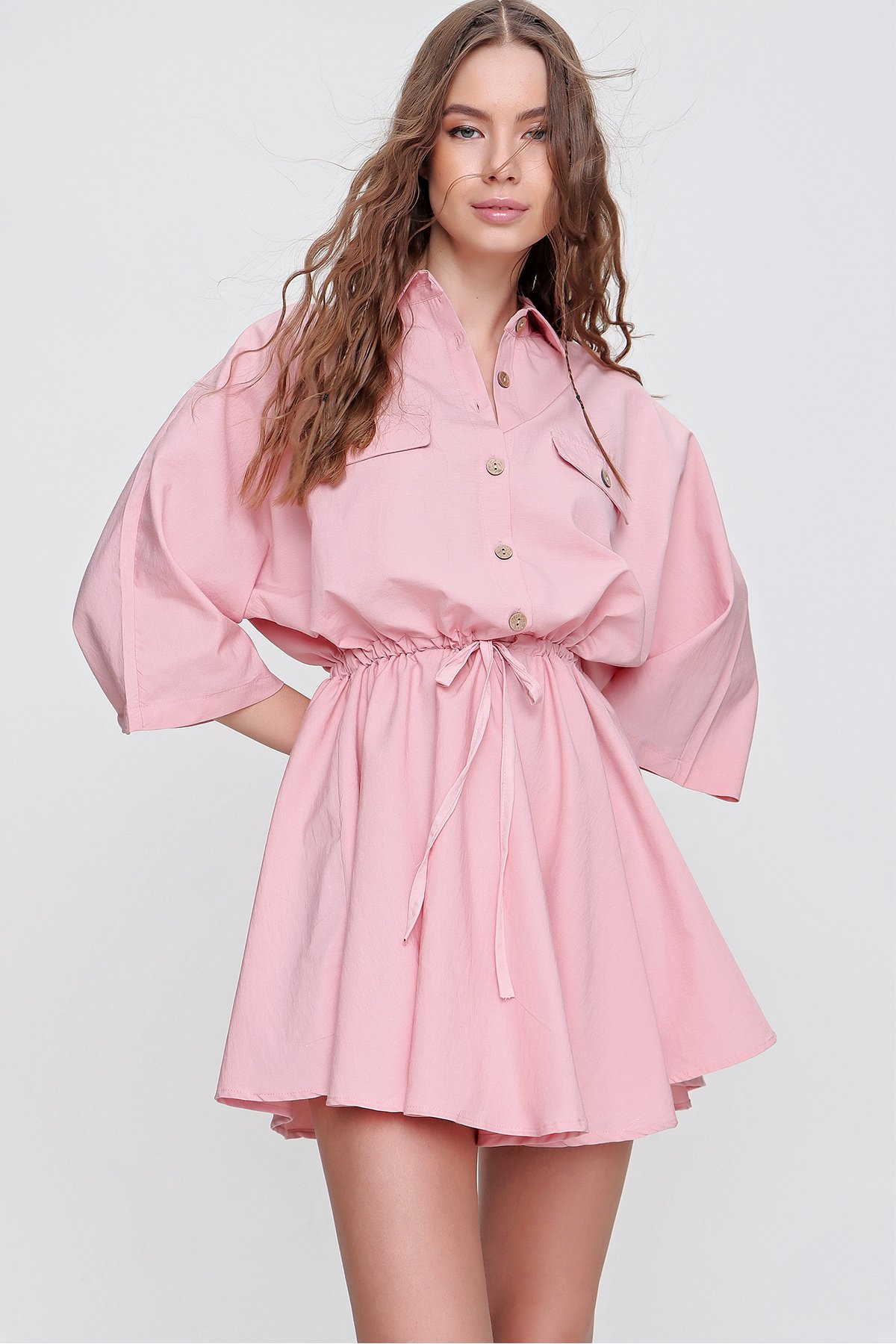 Safari Dokuma Gömlek Elbise - Pembe