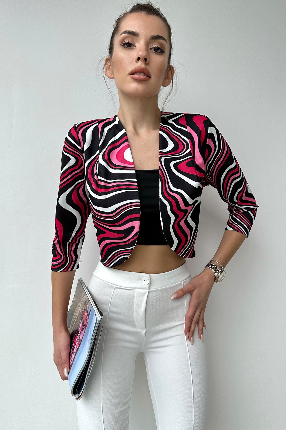 Şal Yaka Desenli Crop Ceket - FUŞYA