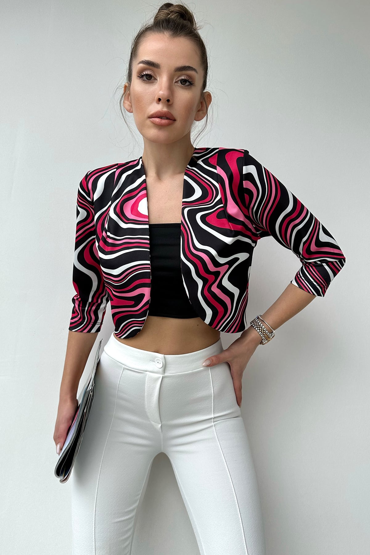 Şal Yaka Desenli Crop Ceket - FUŞYA