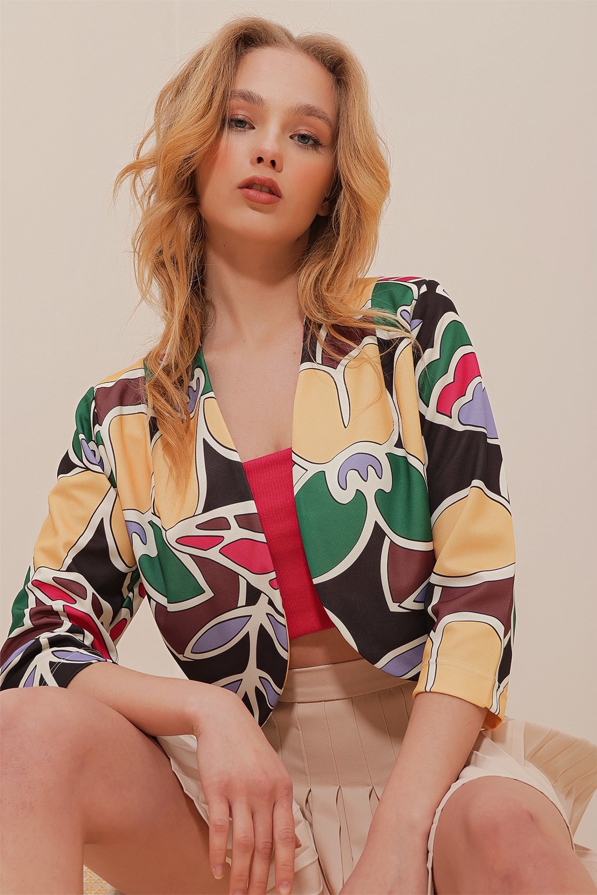Şal Yaka Desenli Crop Ceket - Hardal
