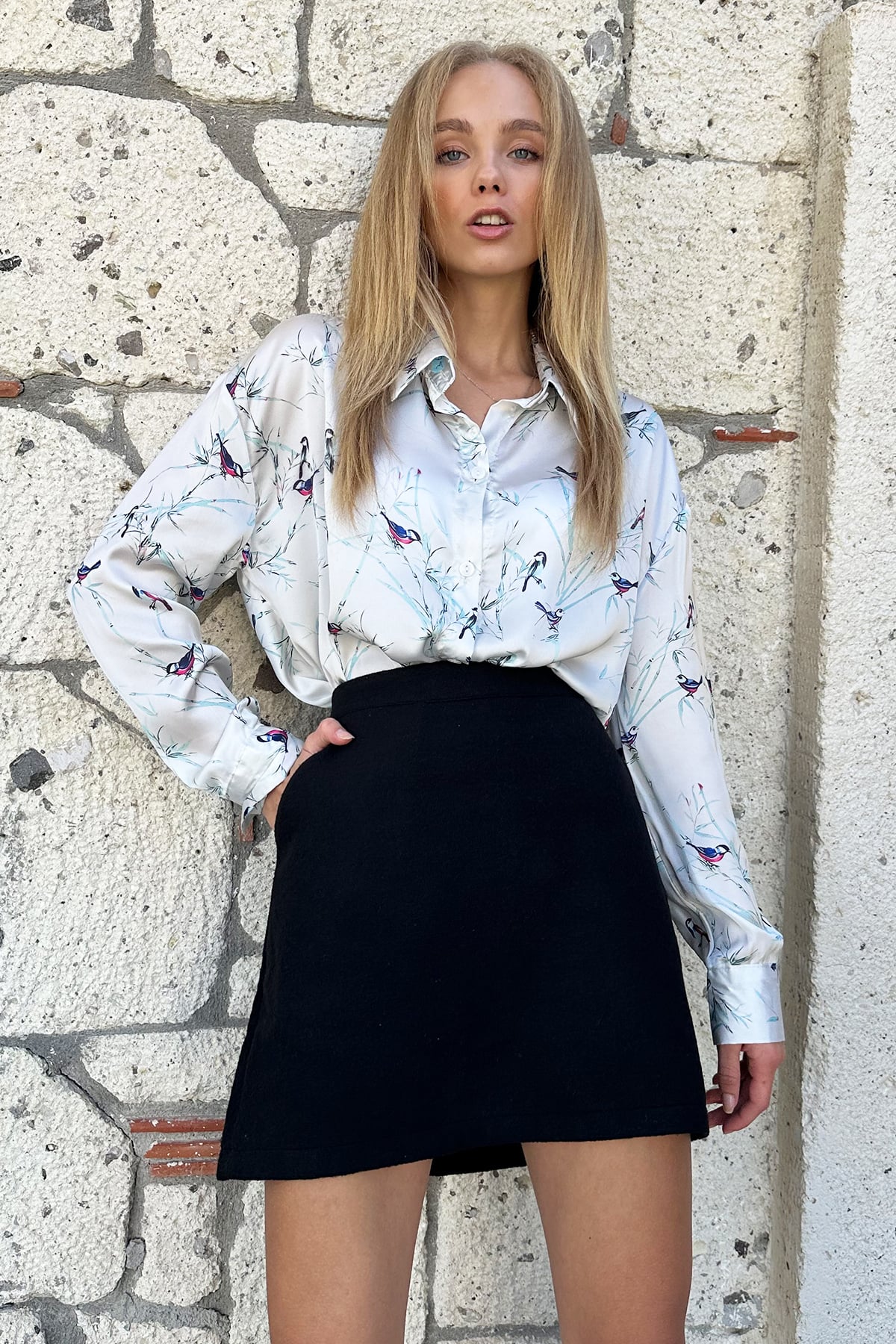 Saten Desenli Oversize Gömlek - Kırık Beyaz