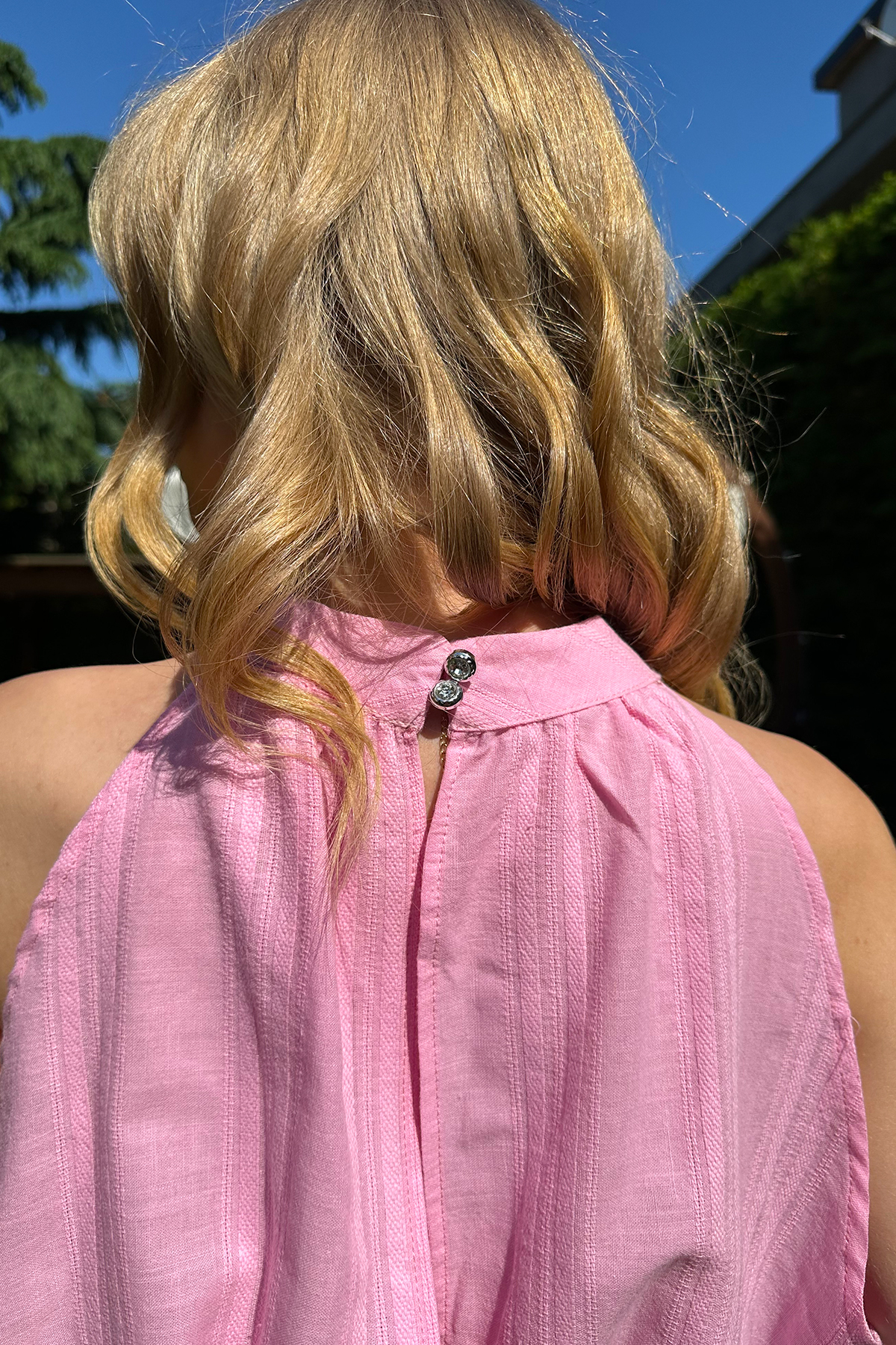 Sırt Bağlamalı Armürlü Keten Crop Bluz - Pembe