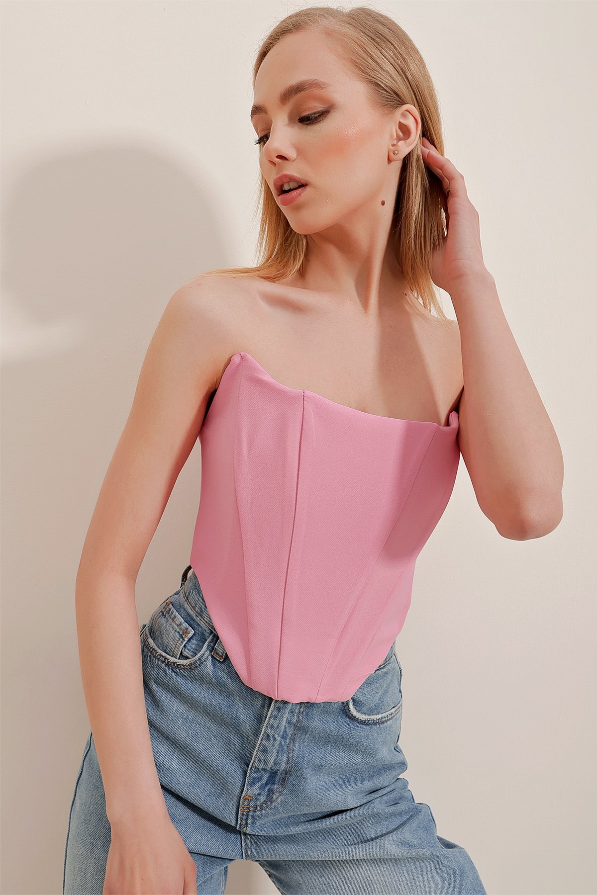 Straplez Balenli Korseli Sırtı Fermuarlı Bustiyer - Pembe