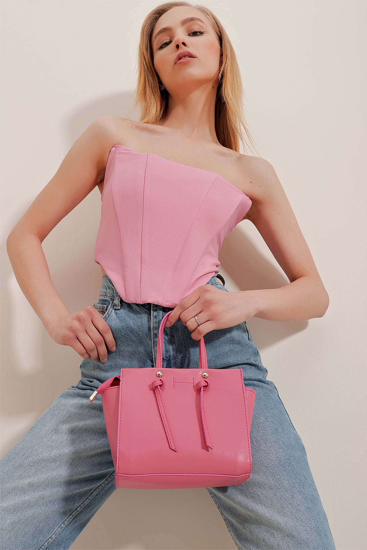 Straplez Balenli Korseli Sırtı Fermuarlı Bustiyer - Pembe