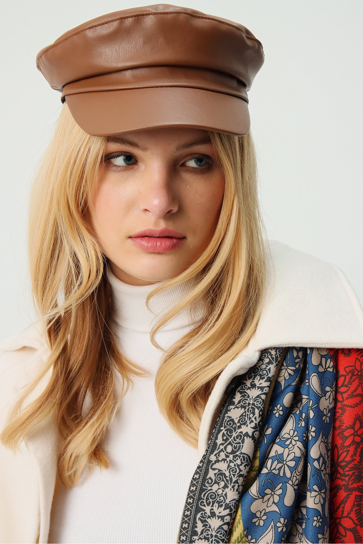 Suni Deri Kasket Şapka - Taba