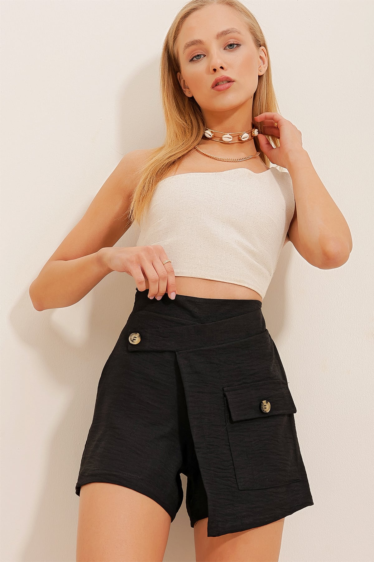 Tek Cepli Anvelop Aerobin Keten Şort Etek - Siyah