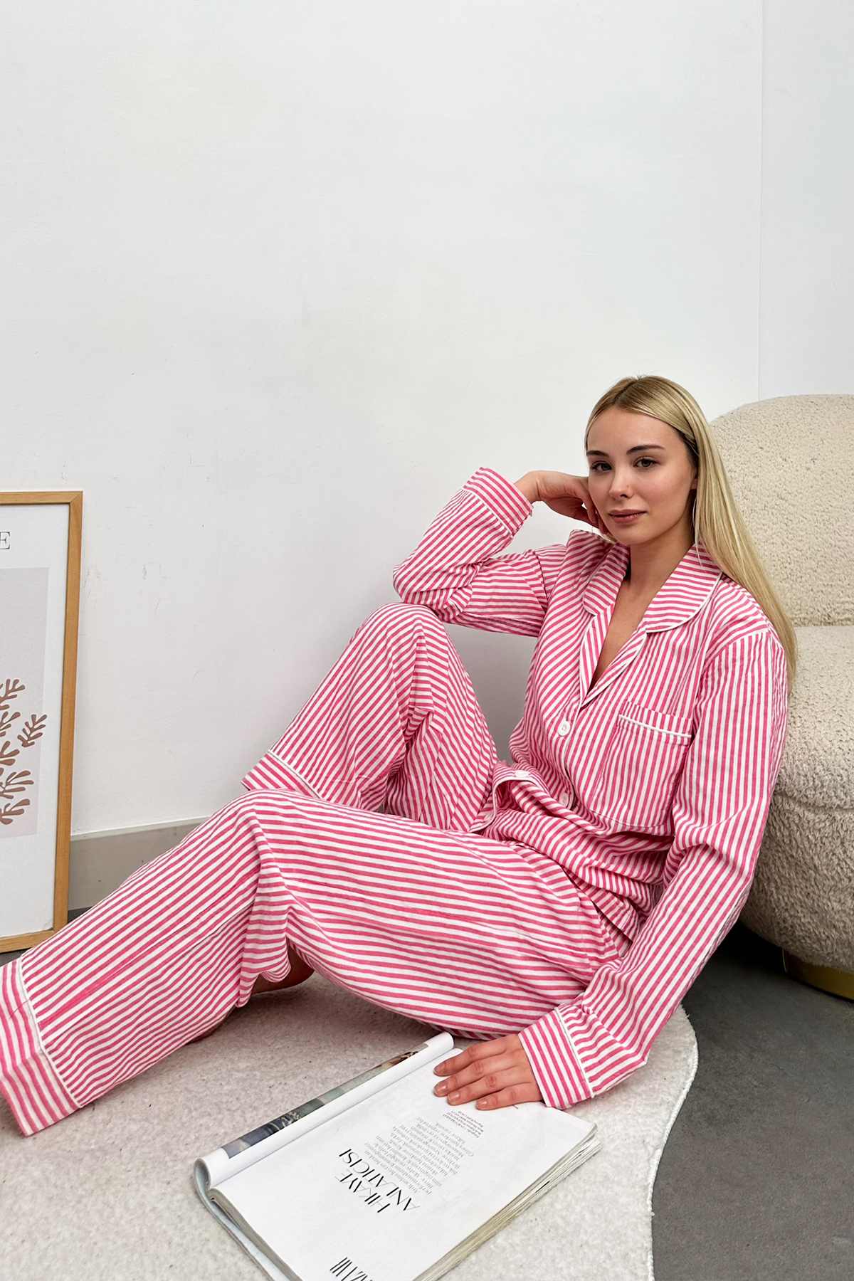 Tek Cepli Biyeli Çizgili Dokuma Pijama Takım - Pembe