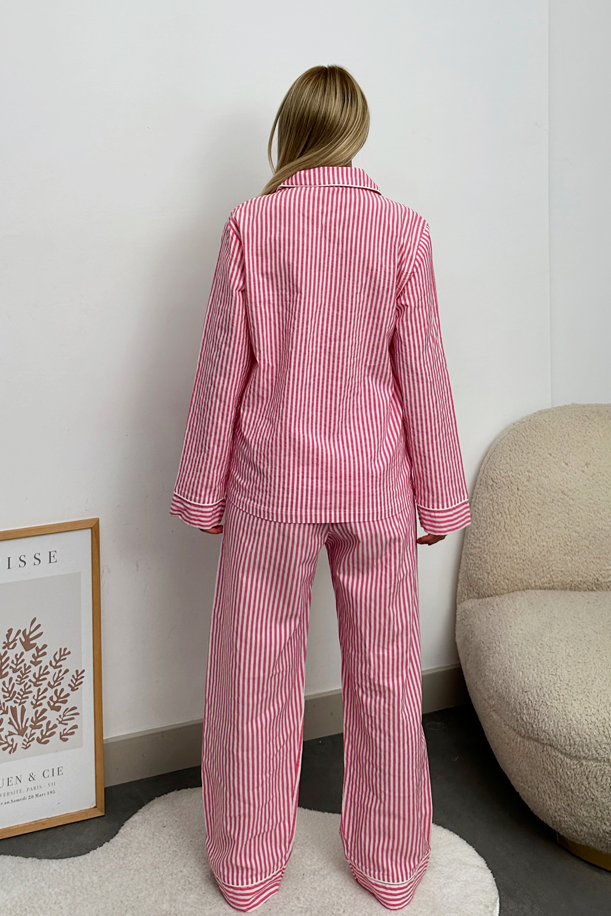 Tek Cepli Biyeli Çizgili Dokuma Pijama Takım - Pembe