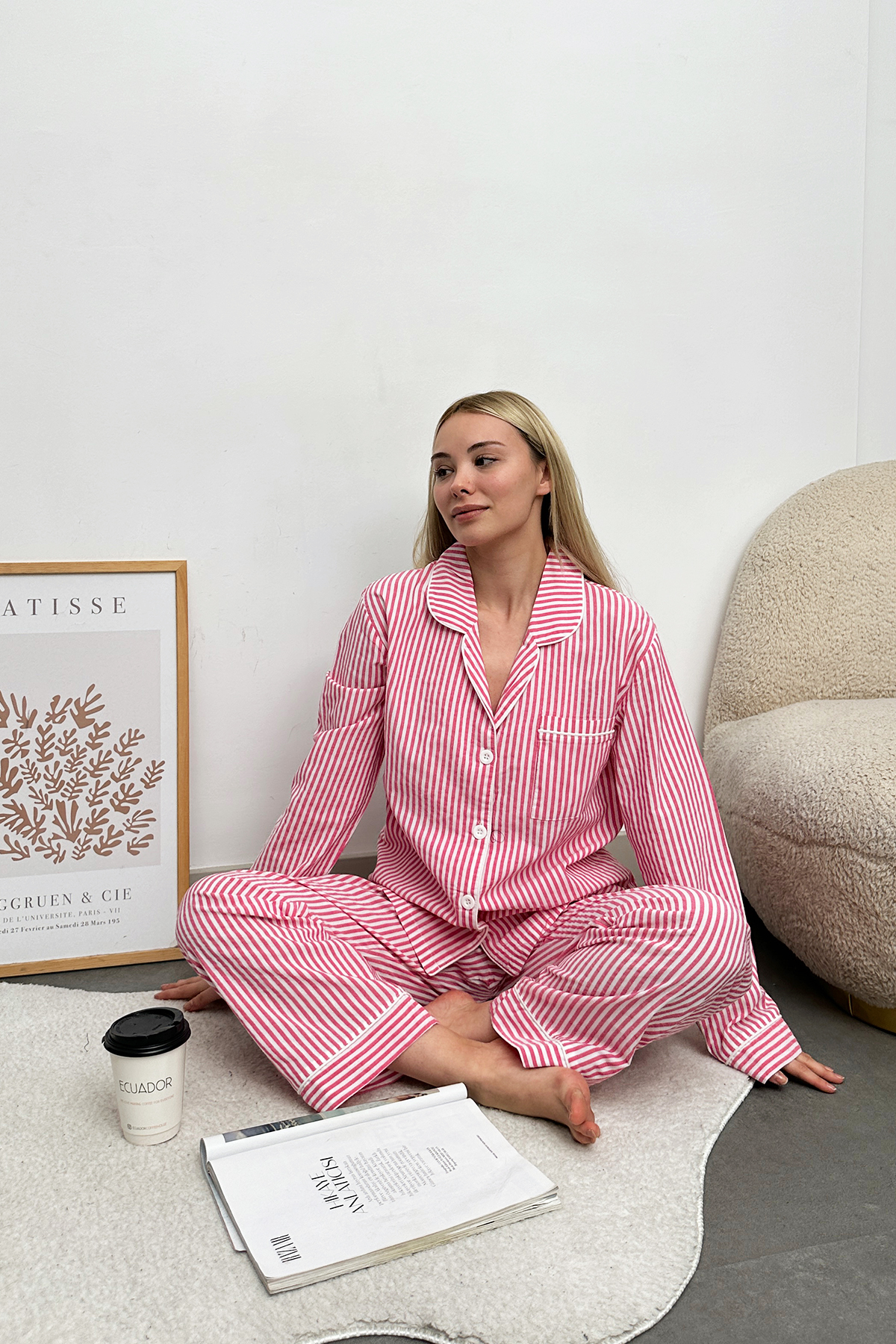 Tek Cepli Biyeli Çizgili Dokuma Pijama Takım - Pembe