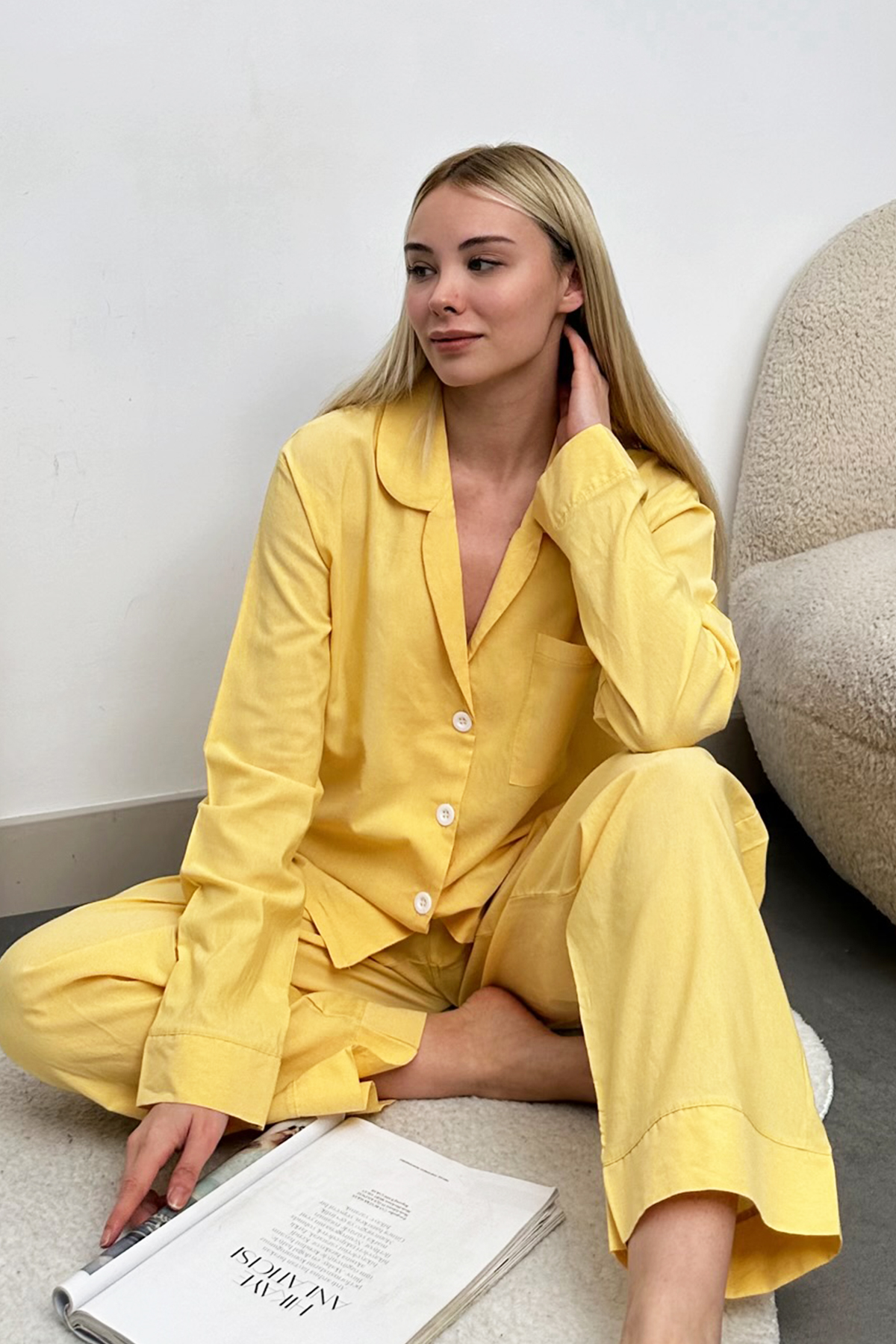 Tek Cepli Dokuma Pijama Takım - Sarı
