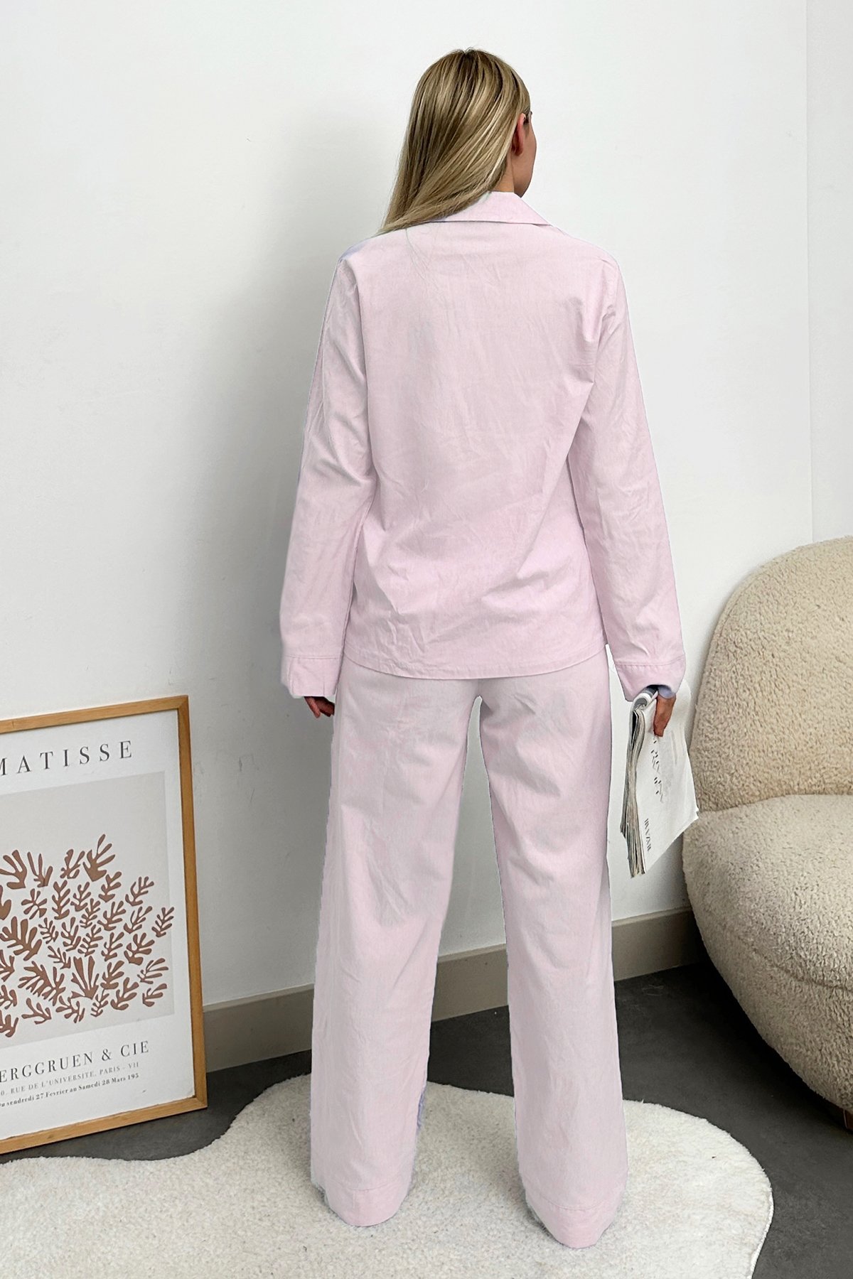 Tek Cepli Dokuma Pijama Takım - Toz Pembe