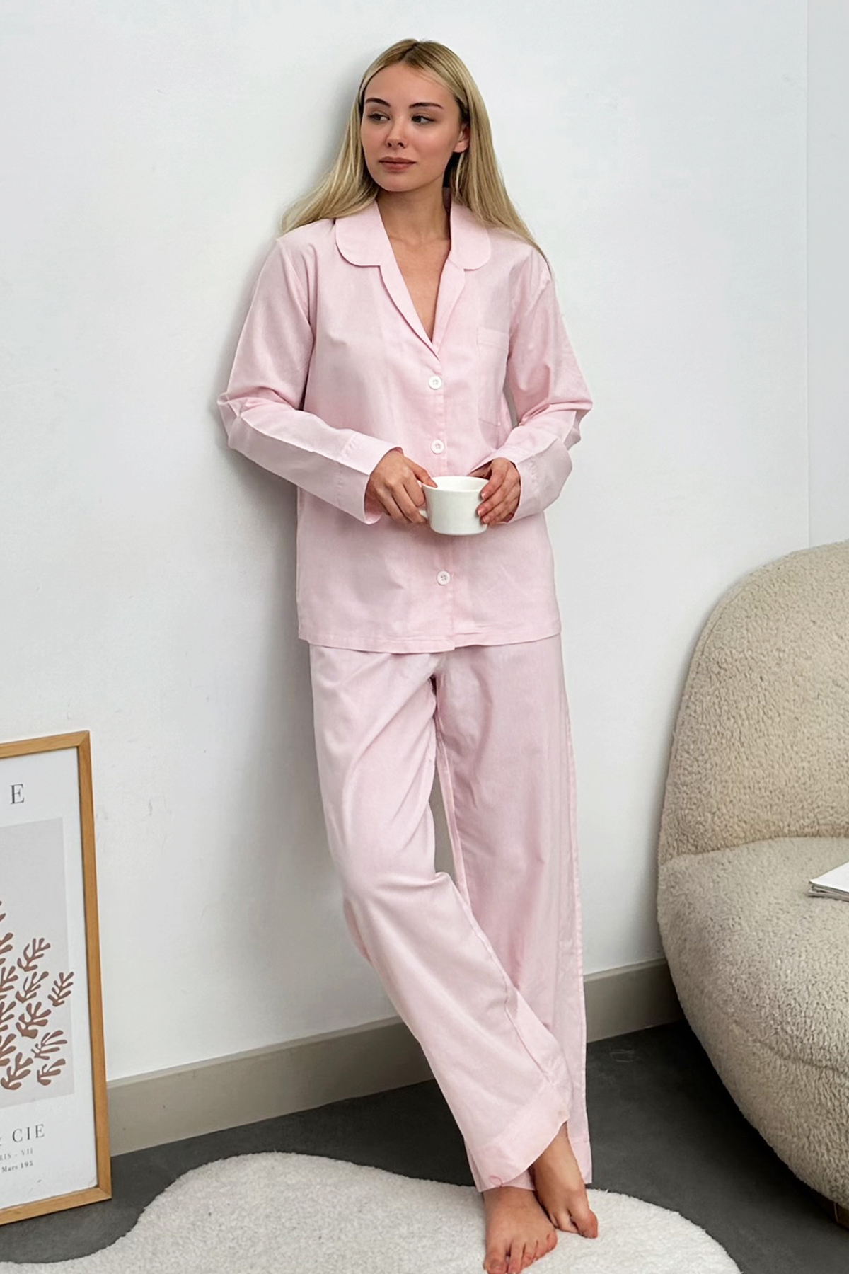 Tek Cepli Dokuma Pijama Takım - Toz Pembe