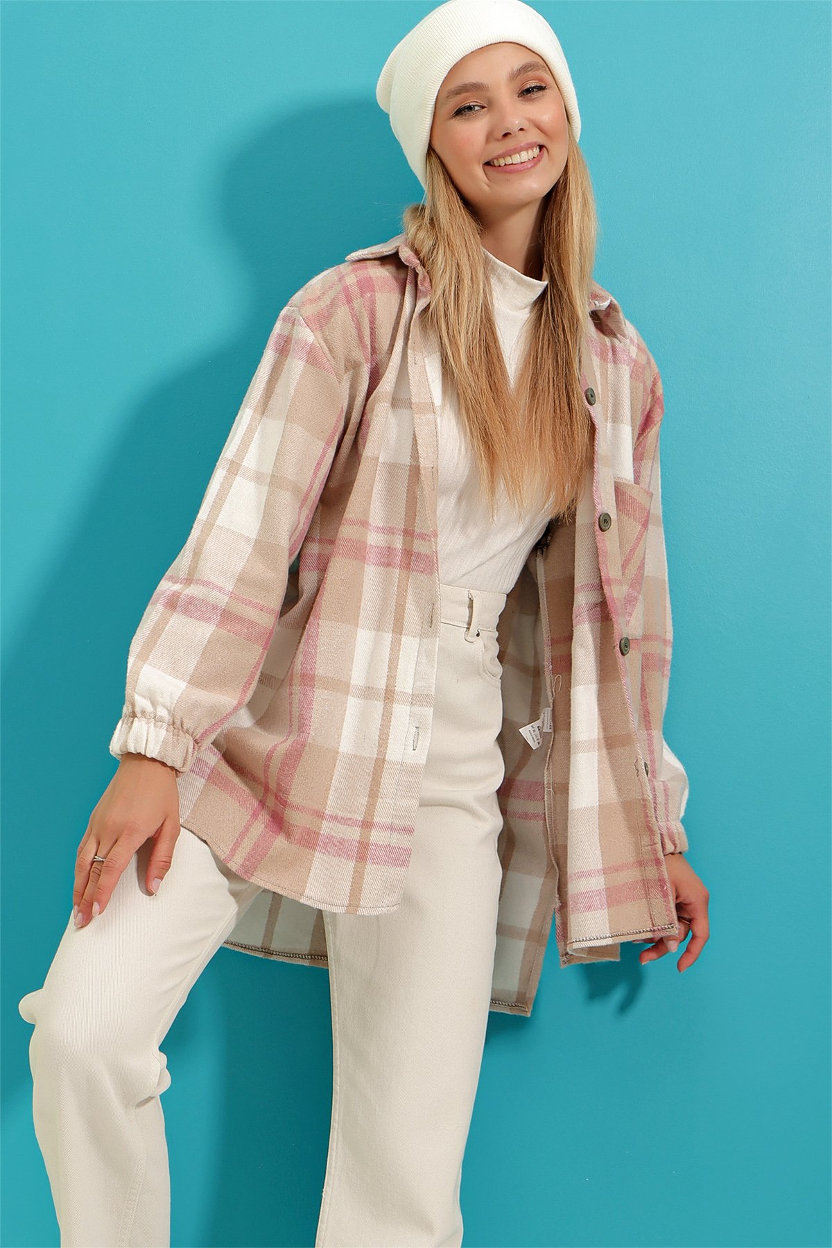 Tek Cepli Ekoseli Oversize Oduncu Gömlek - Bej