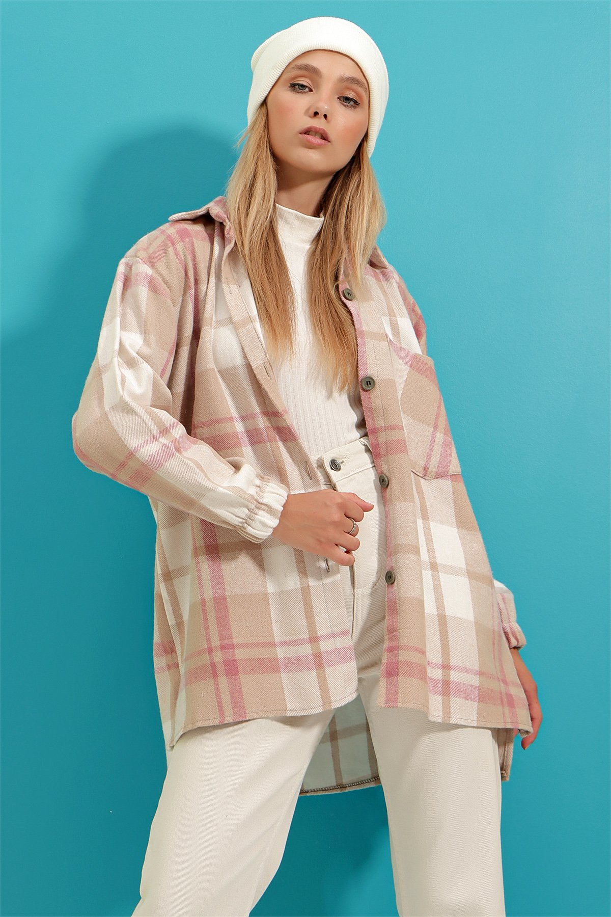 Tek Cepli Ekoseli Oversize Oduncu Gömlek - Bej