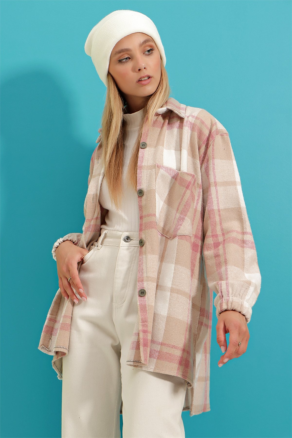 Tek Cepli Ekoseli Oversize Oduncu Gömlek - Bej