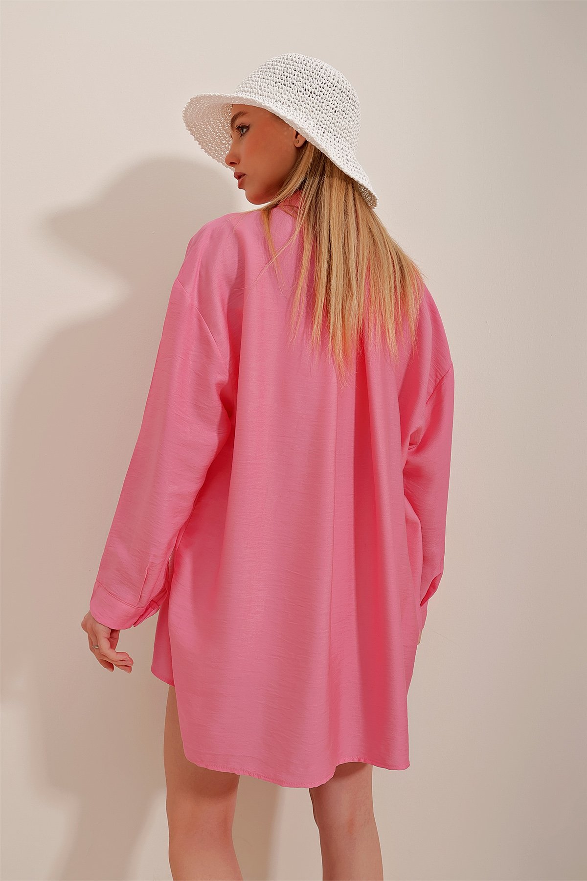 Tek Cepli Oversize Pamuklu Keten Gömlek - Pembe