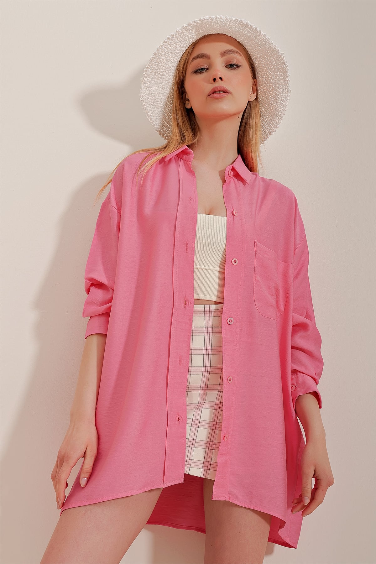 Tek Cepli Oversize Pamuklu Keten Gömlek - Pembe