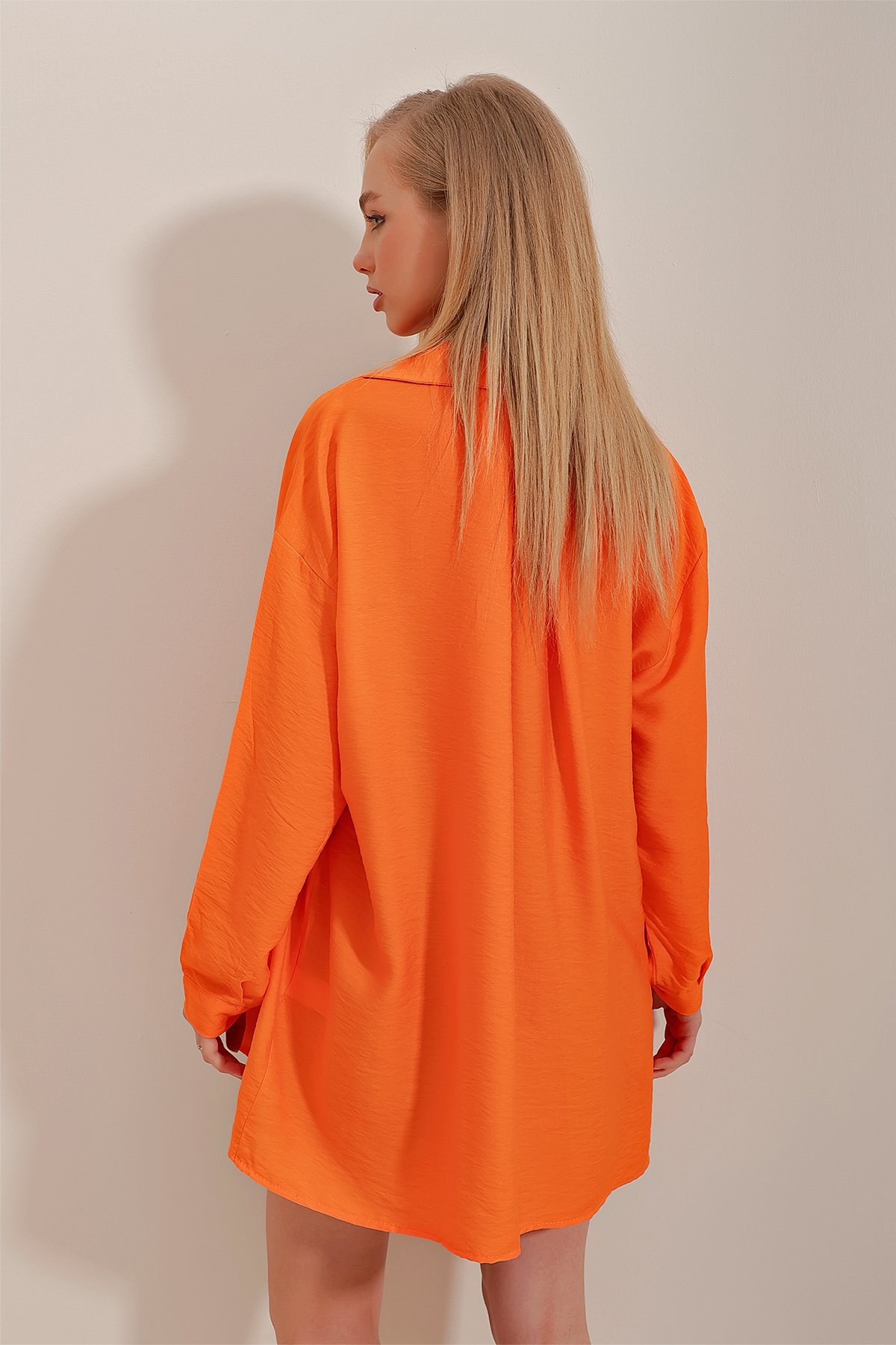 Tek Cepli Oversize Pamuklu Keten Gömlek - Turuncu