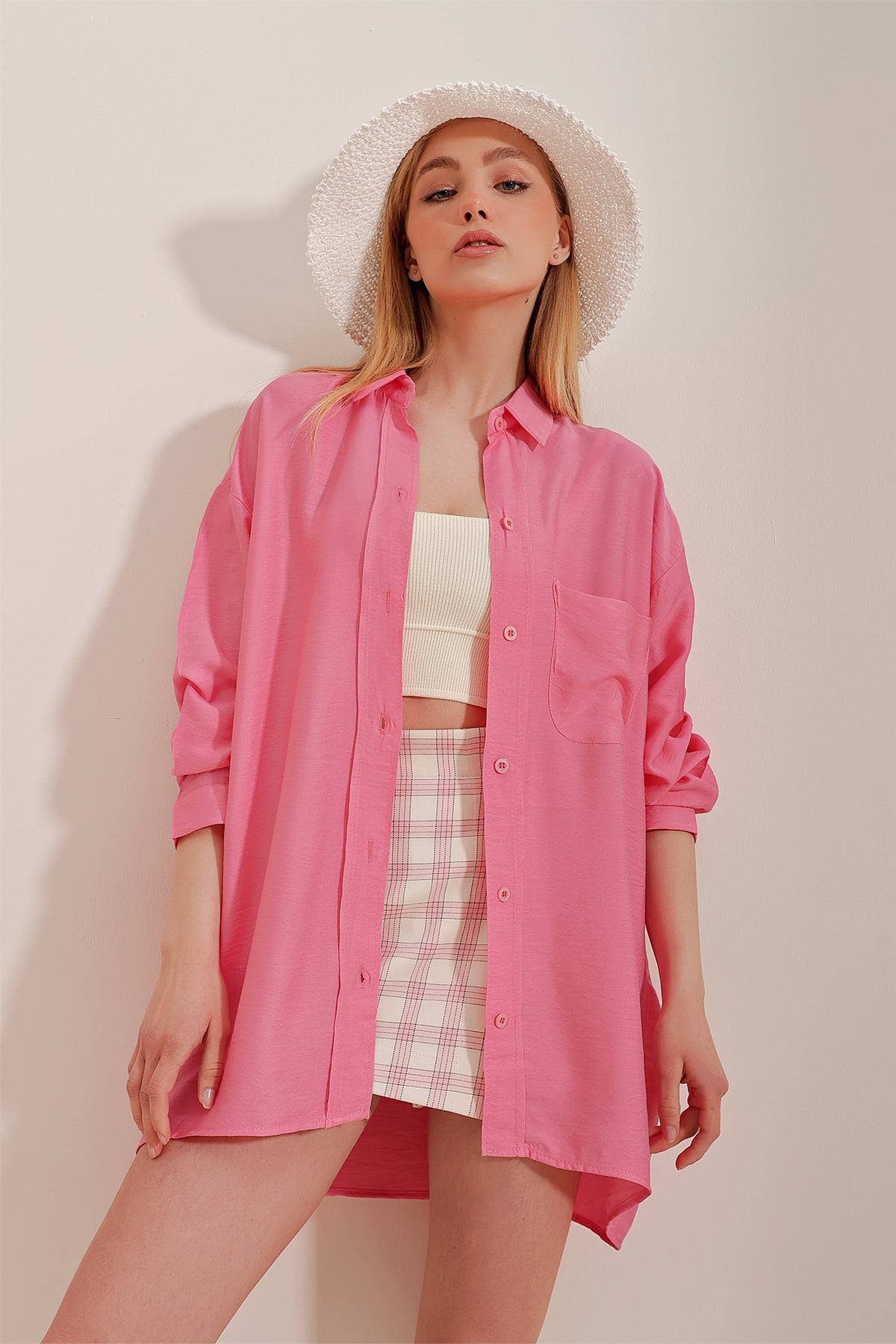 Tek Cepli Oversize Pamuklu Keten Gömlek - Pembe