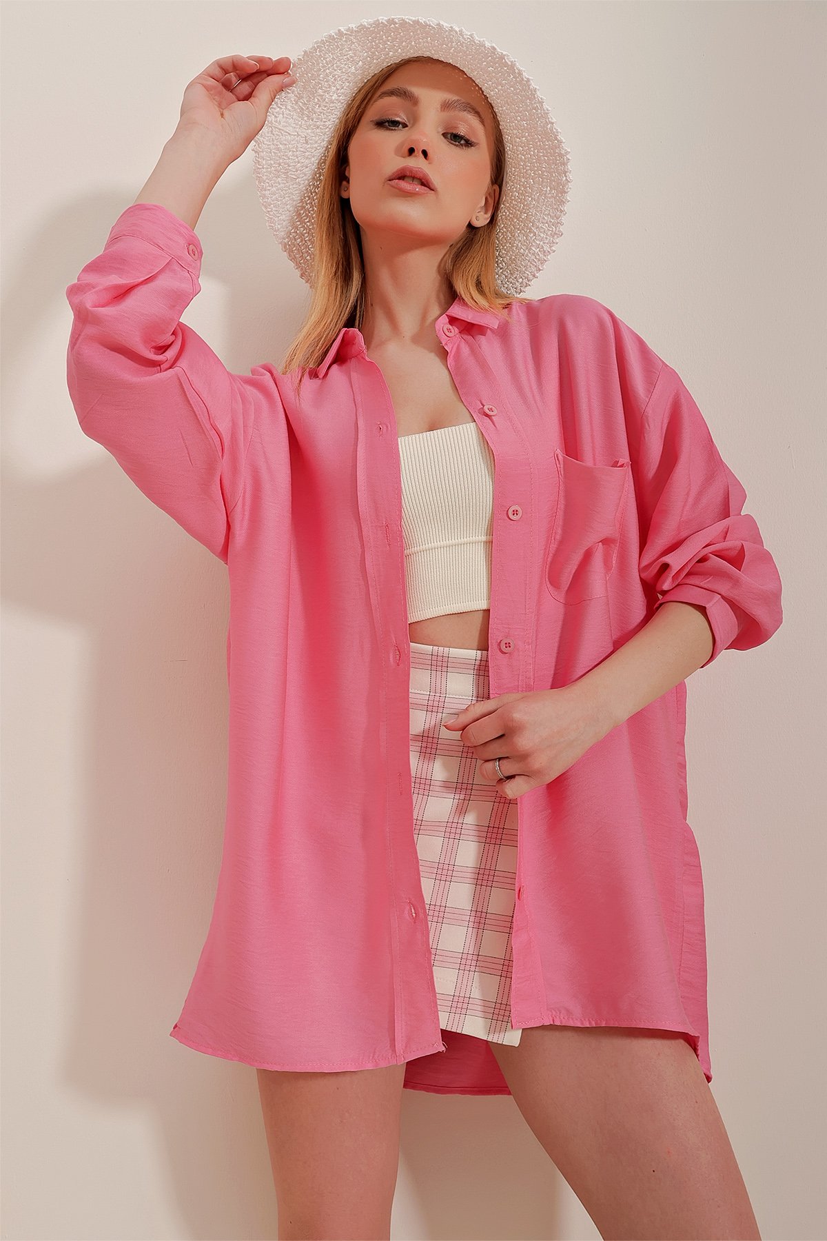 Tek Cepli Oversize Pamuklu Keten Gömlek - Pembe