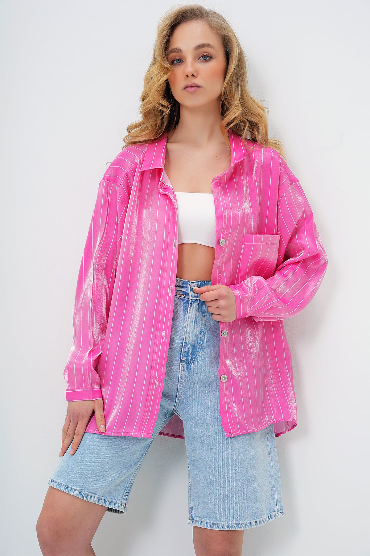 TEK CEPLİ OVERSİZE SATEN GÖMLEK - PEMBE